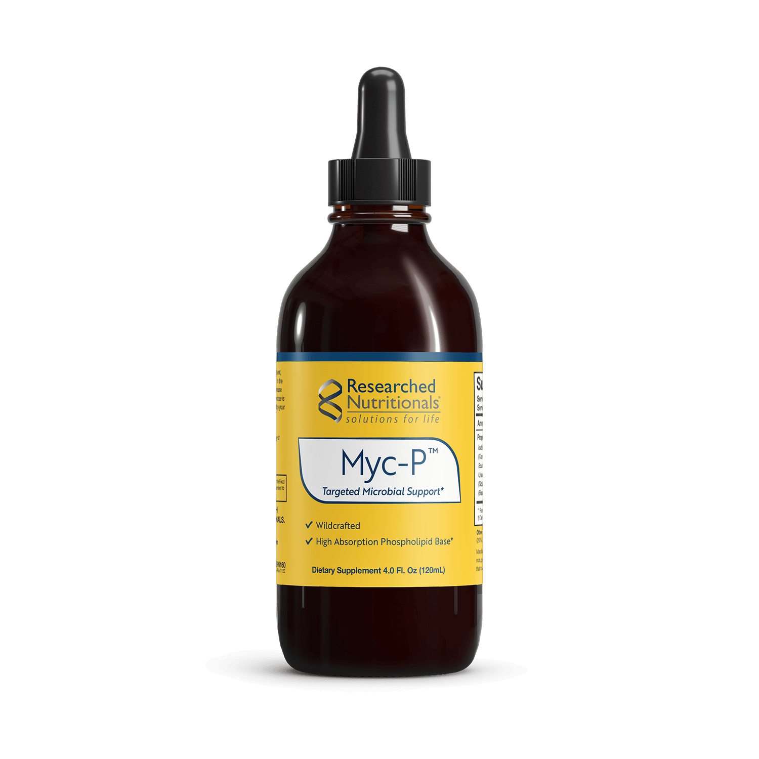 Myc-P supplement bottle containing liquid for immune and microbial balance support