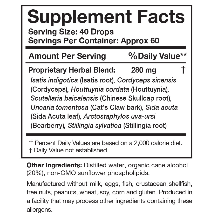 Supplement facts label for Myc-P, detailing ingredients supporting immune and microbial balance