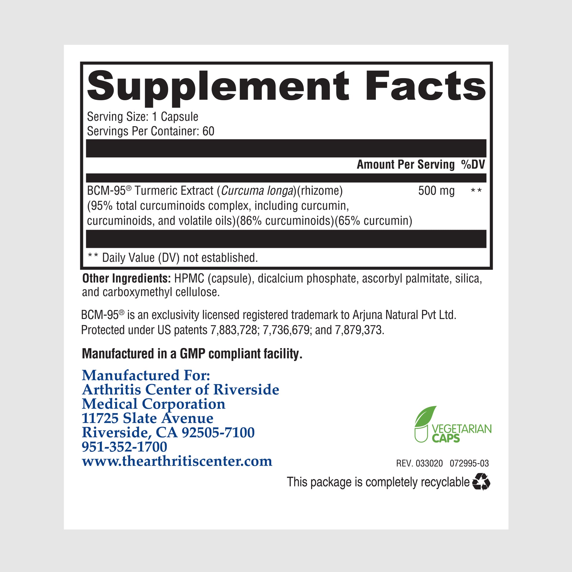 Supplement facts label for Absorbable Curcumin, detailing ingredients, serving size, and nutritional information.