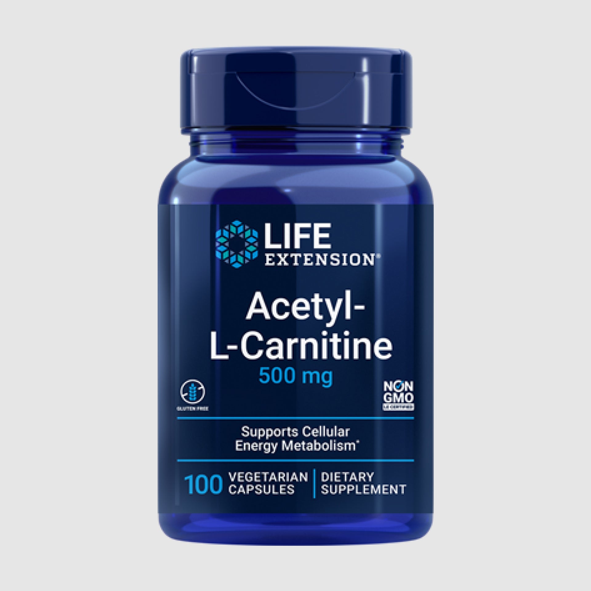 Acetyl-L-Carnitine supplement bottle with 1000 capsules of 500mg for energy and cognitive support.
