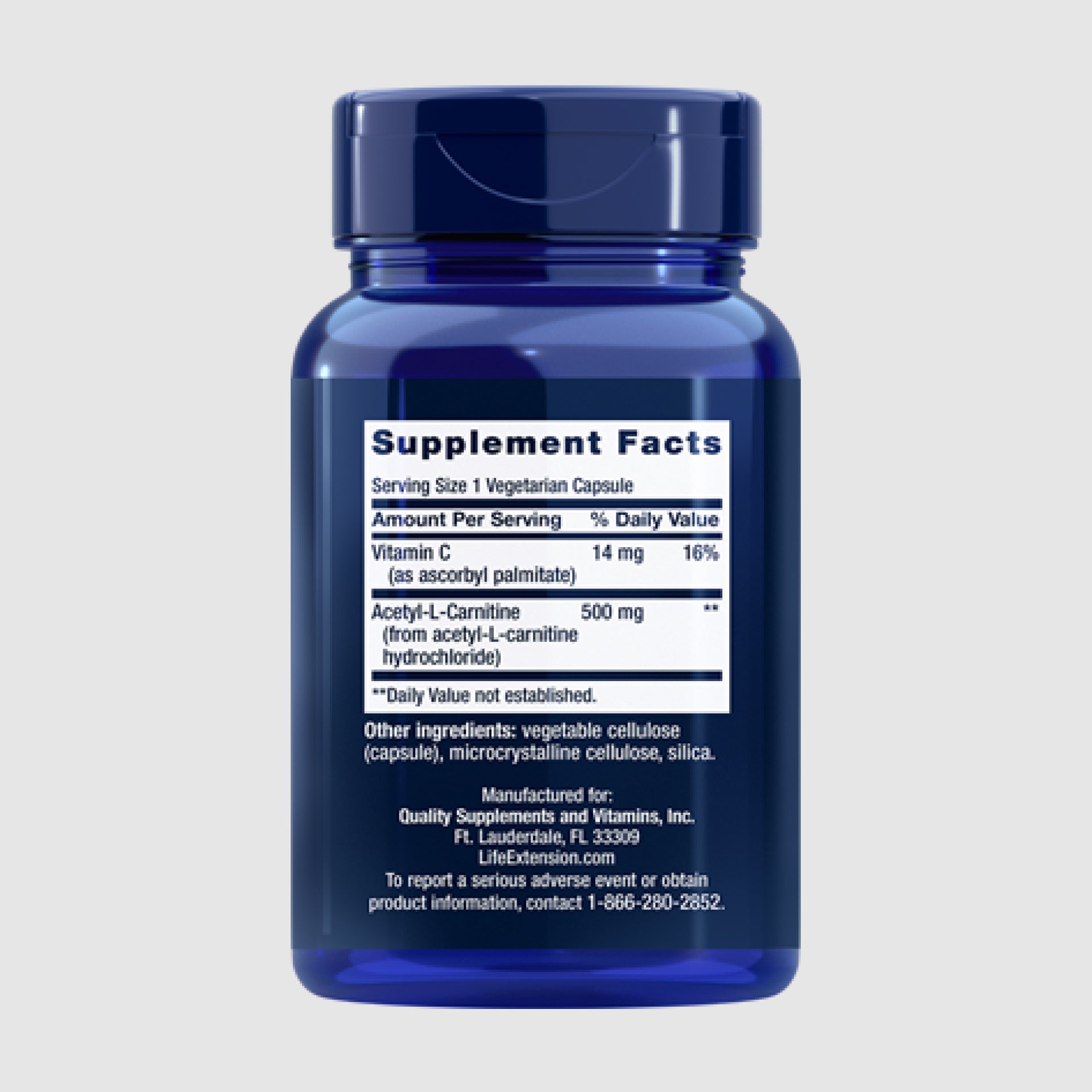 Supplement facts label for Acetyl-L-Carnitine, showing 500mg per serving and other nutritional details.