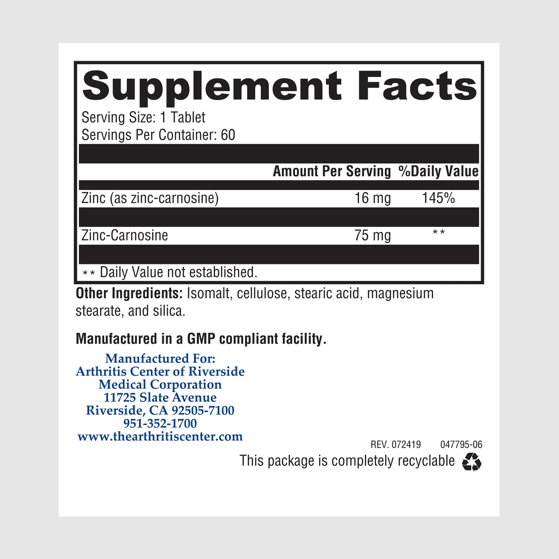 Supplement facts label for Acid Repair, formulated to protect and soothe the digestive tract and stomach lining.