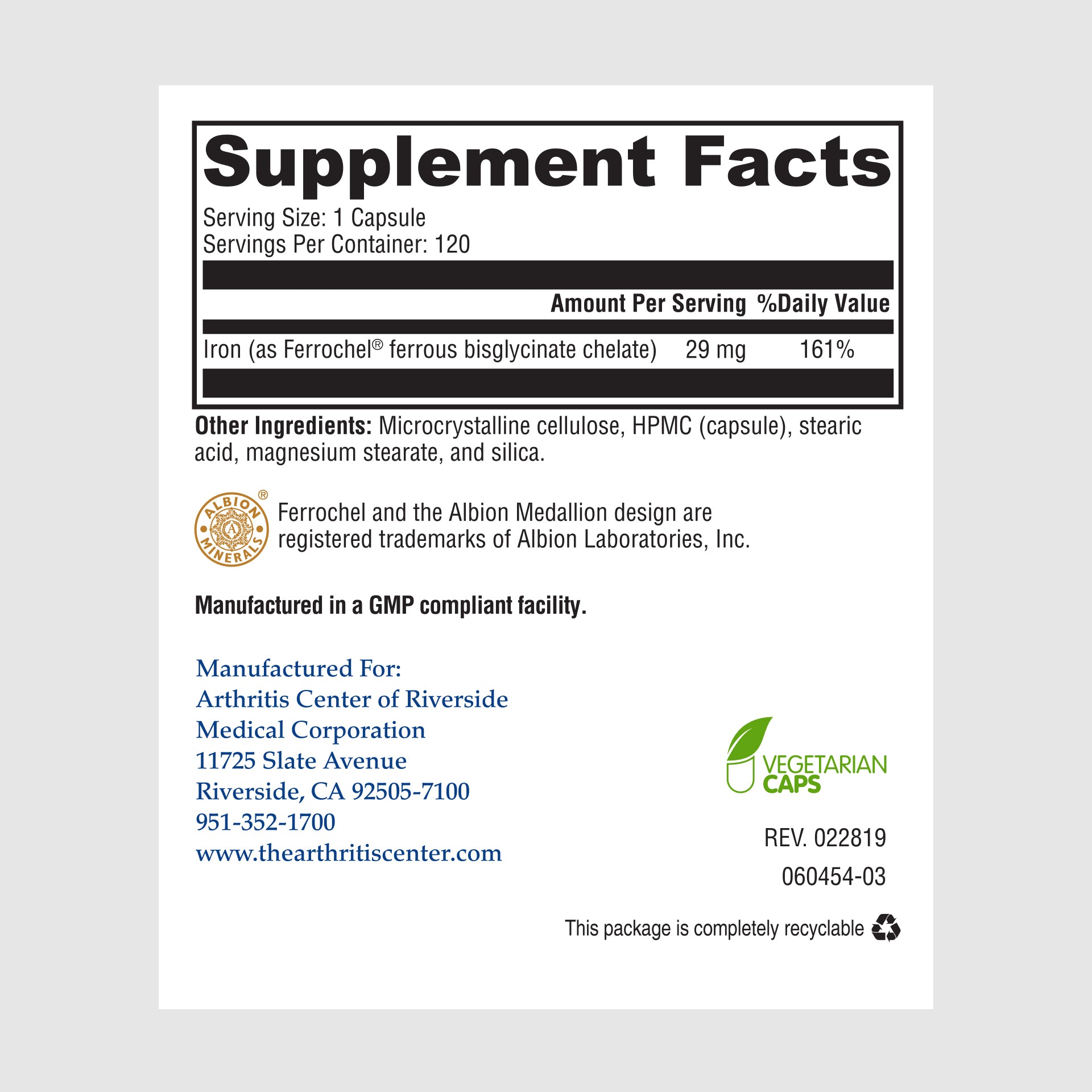 Supplement facts label for ACR Gentle Iron, designed for gentle absorption to support healthy blood and energy levels without gastrointestinal discomfort.