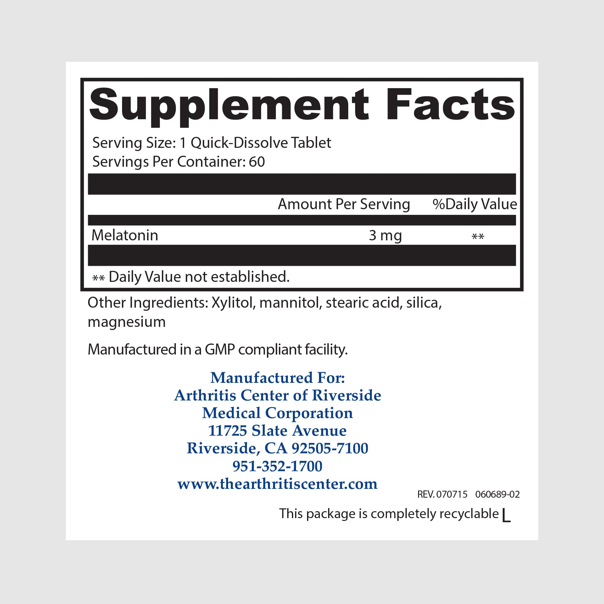 Supplement facts label for ACR Melatonin 3mg, promoting healthy sleep cycles and relaxation.