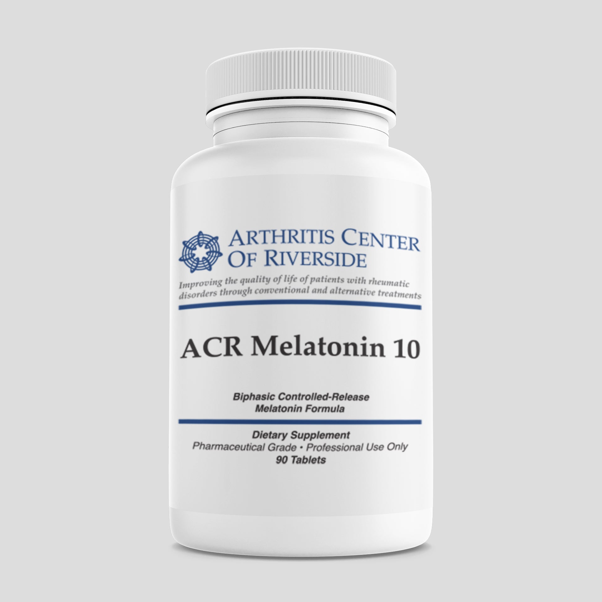 ACR Melatonin CR 10mg supplement bottle containing 90 tablets, designed for controlled-release sleep support.