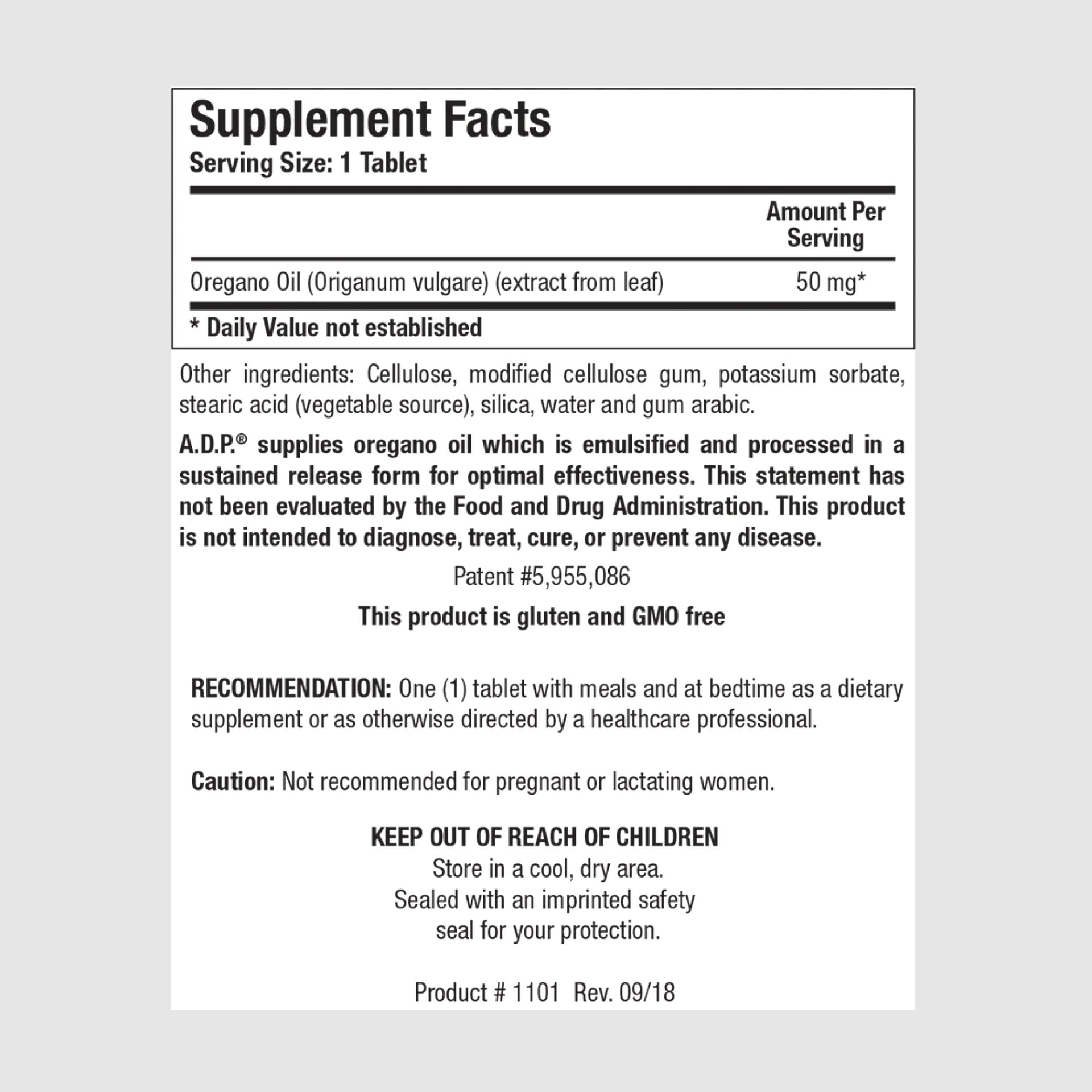 Supplement facts label for A.D.P. Oregano Oil, featuring emulsified oregano oil for enhanced absorption and gut health support.