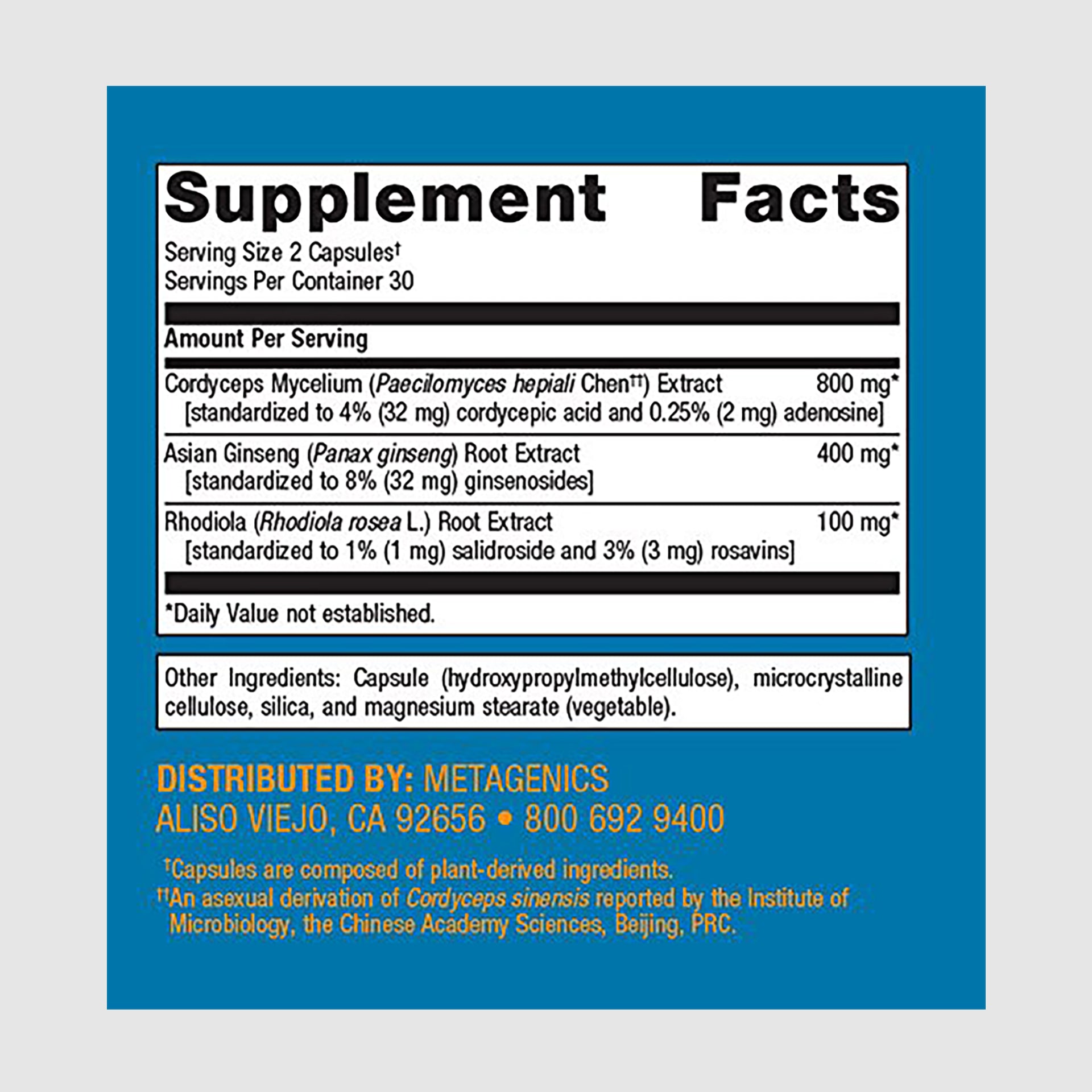 Supplement facts label for Adreset, featuring adaptogenic herbs for adrenal support and stress resilience.