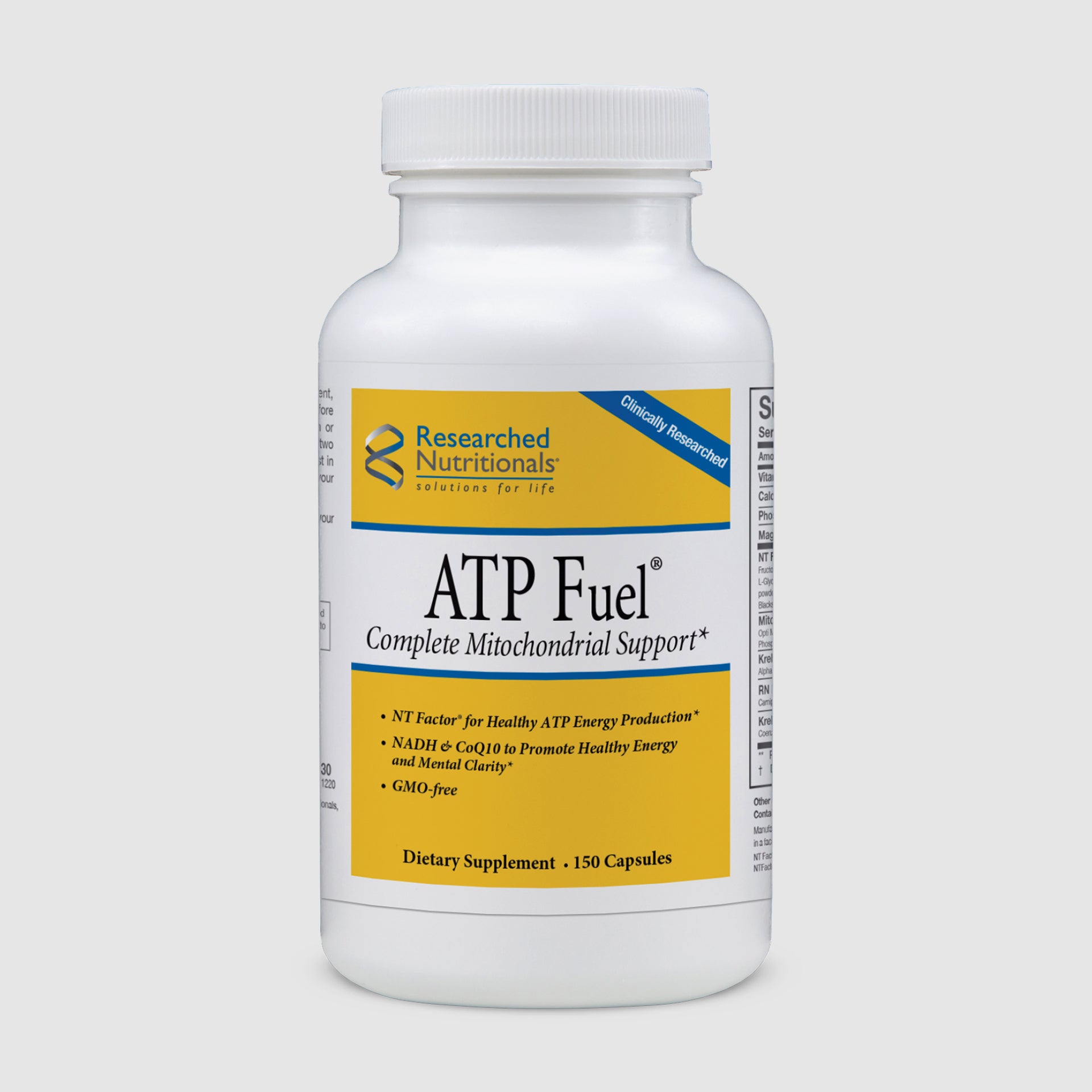 ATP Fuel supplement bottle containing 150 capsules, supporting cellular energy production and mitochondrial health.