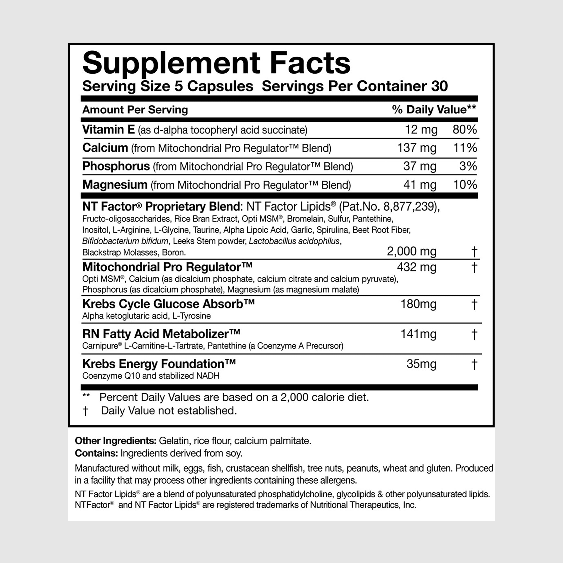 Supplement facts label for ATP Fuel, a mitochondrial support formula enhancing energy production and endurance.