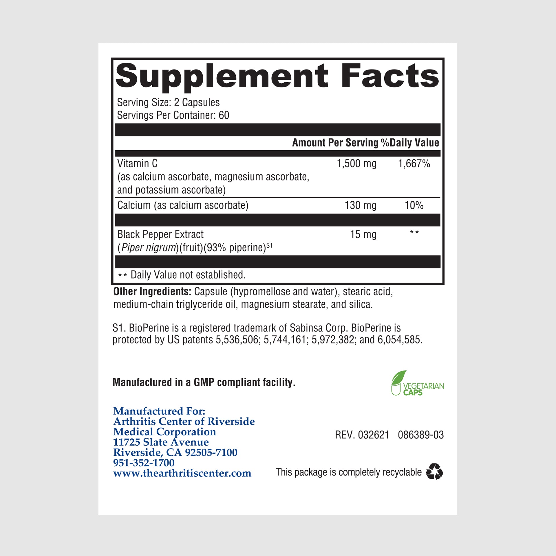 Supplement facts label for Balanced C, featuring buffered vitamin C for immune health and antioxidant support.