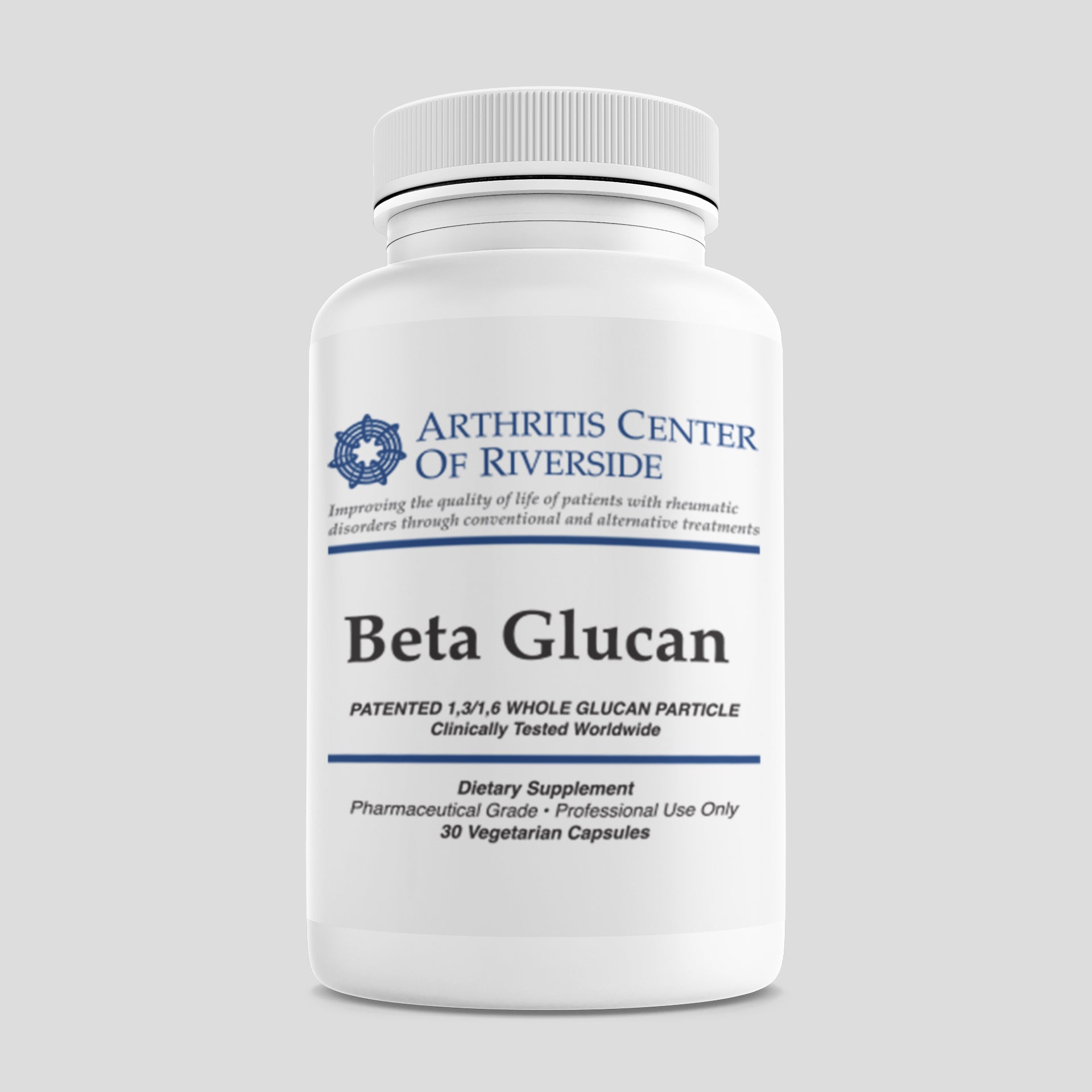 Beta Glucan supplement bottle containing 30 capsules, supporting immune function and overall wellness.