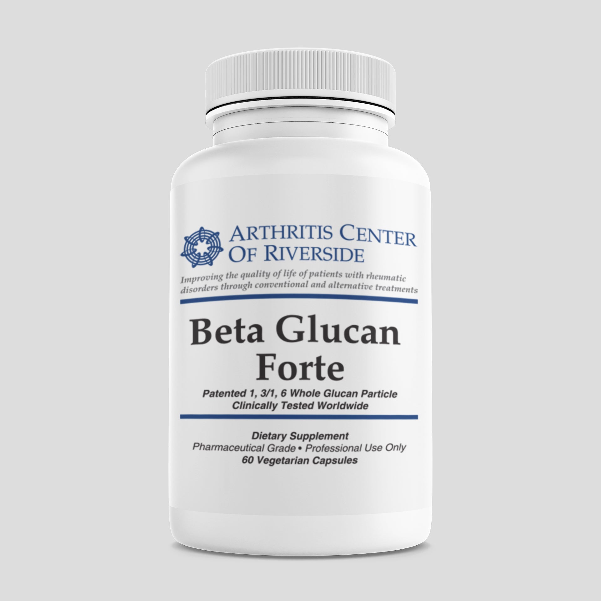 Beta Glucan Forte supplement bottle containing 60 capsules, providing high-potency immune system support and overall wellness benefits.