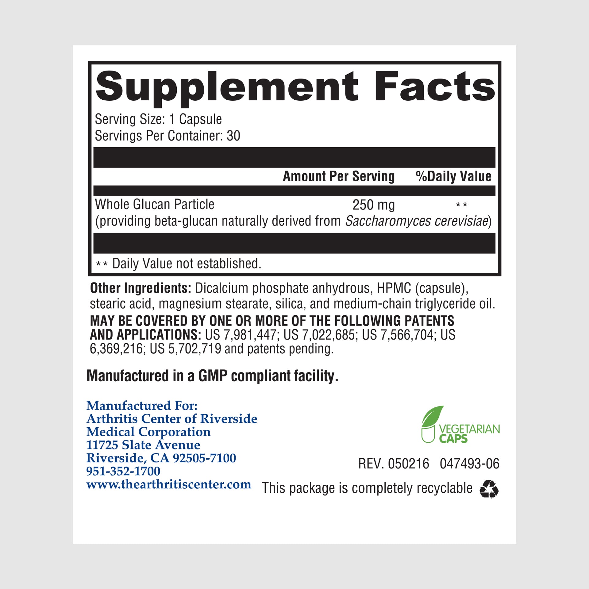 Supplement facts label for Beta Glucan, a powerful immune support supplement promoting overall health and defense.