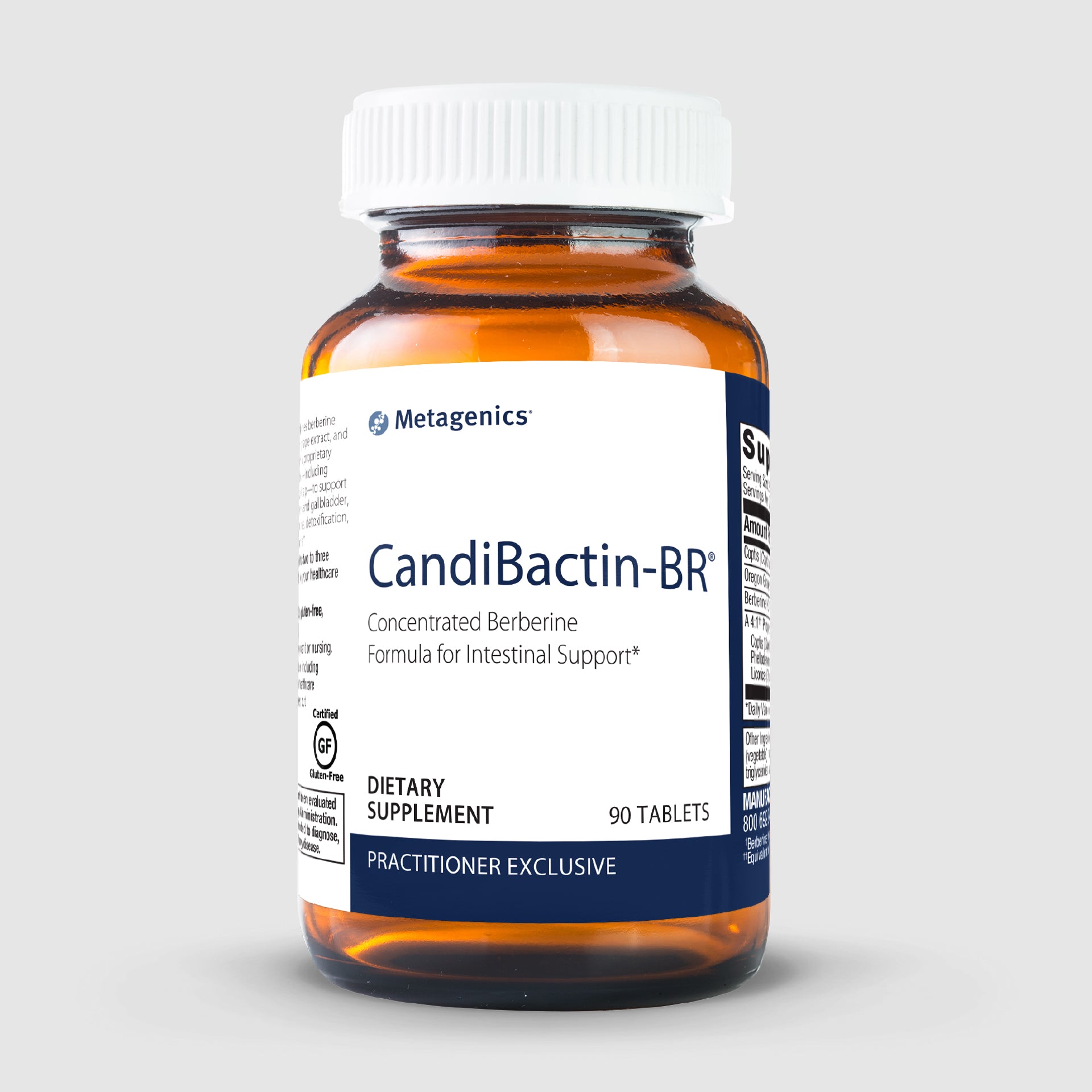 Candibactin-BR supplement bottle containing 90 tablets for gastrointestinal health and microbiome support.
