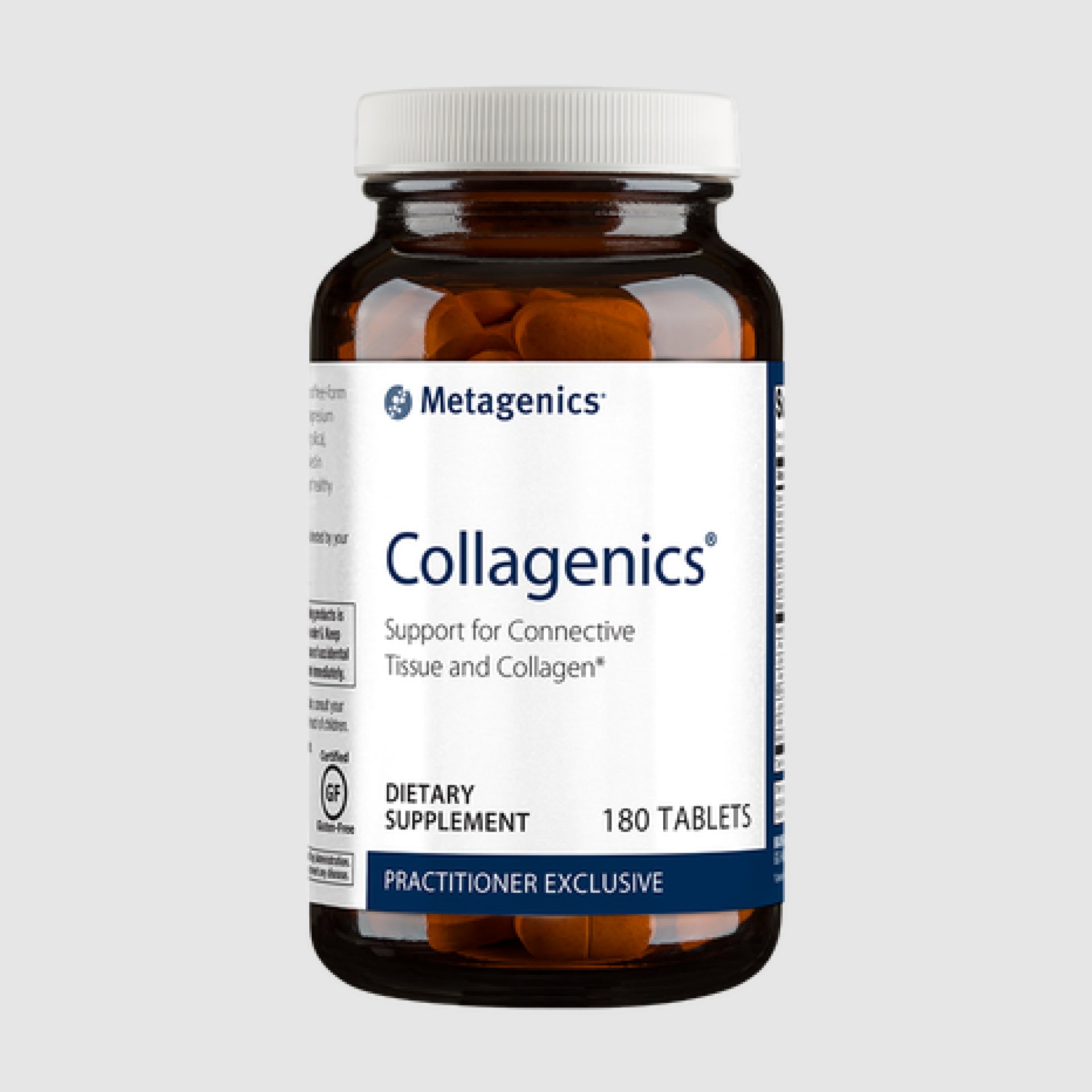 Collagenics supplement bottle containing 180 tablets for skin, joint, and connective tissue health.