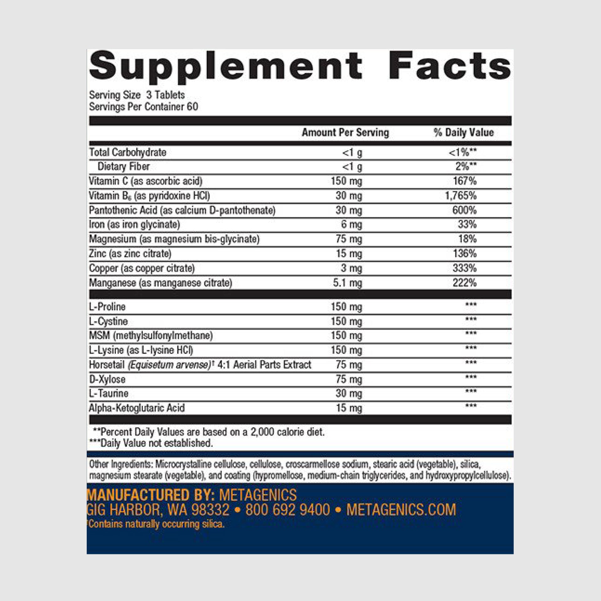 Supplement facts label for Collagenics, featuring collagen-supporting ingredients for skin and joint health.