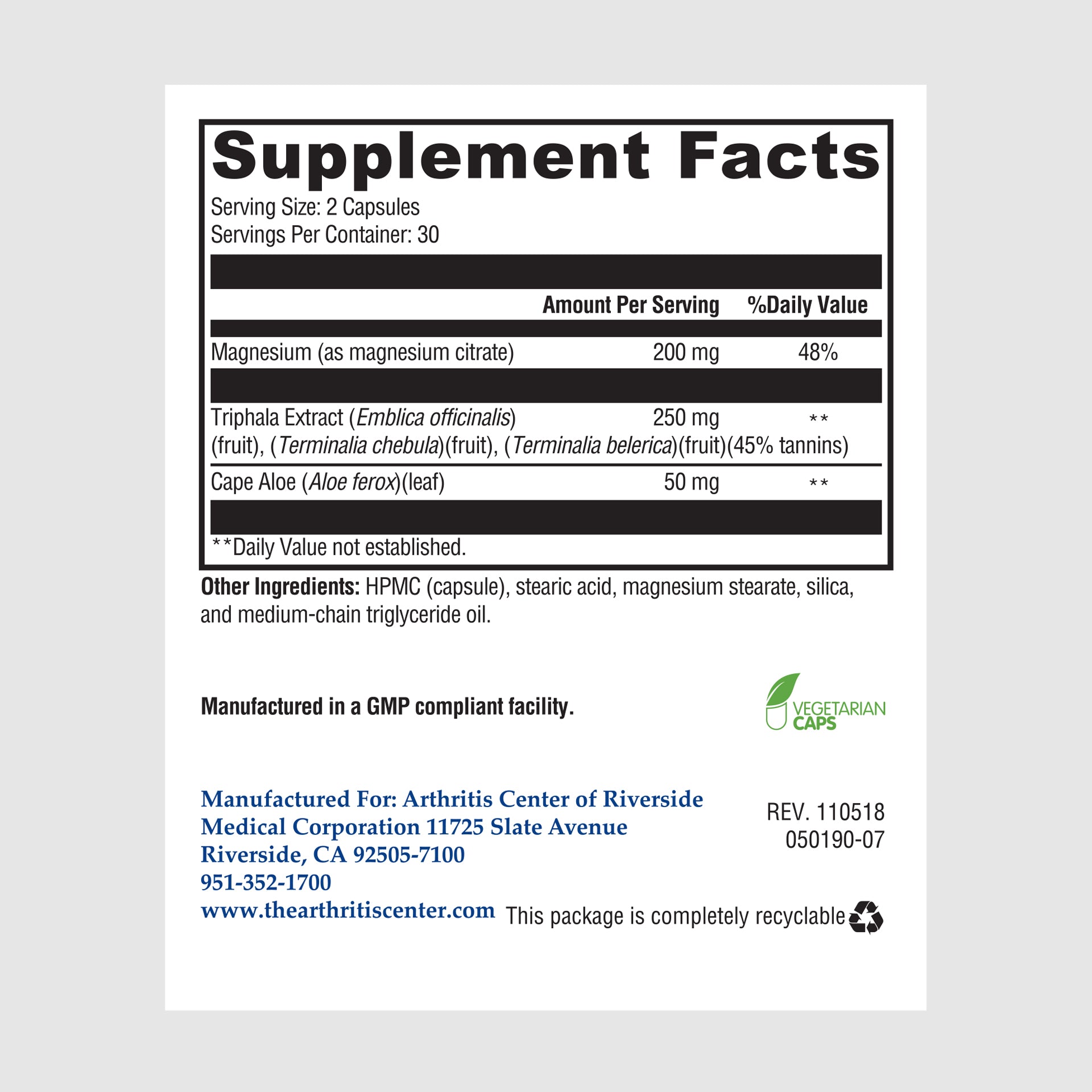 Supplement facts label for Colon Support, showing ingredients to support healthy digestion and colon function.