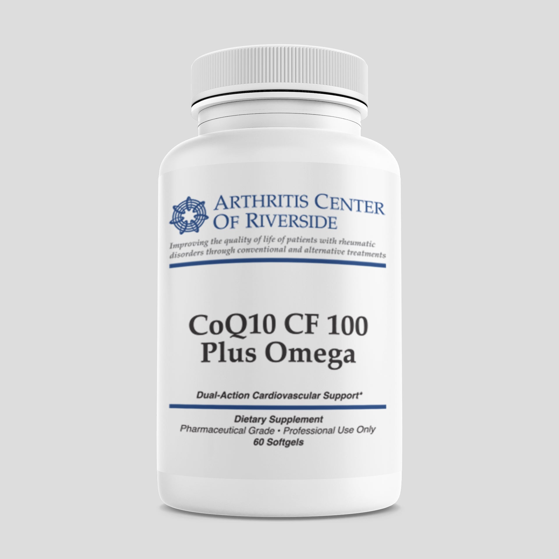CoQ10 CF 100 Plus Omega supplement bottle containing 60 capsules for heart health and energy support.