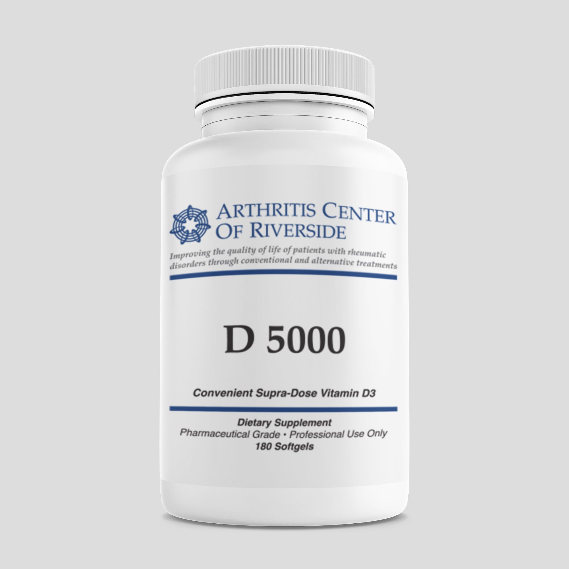 D 5000 supplement bottle containing 180 softgels for immune function and strong bones.