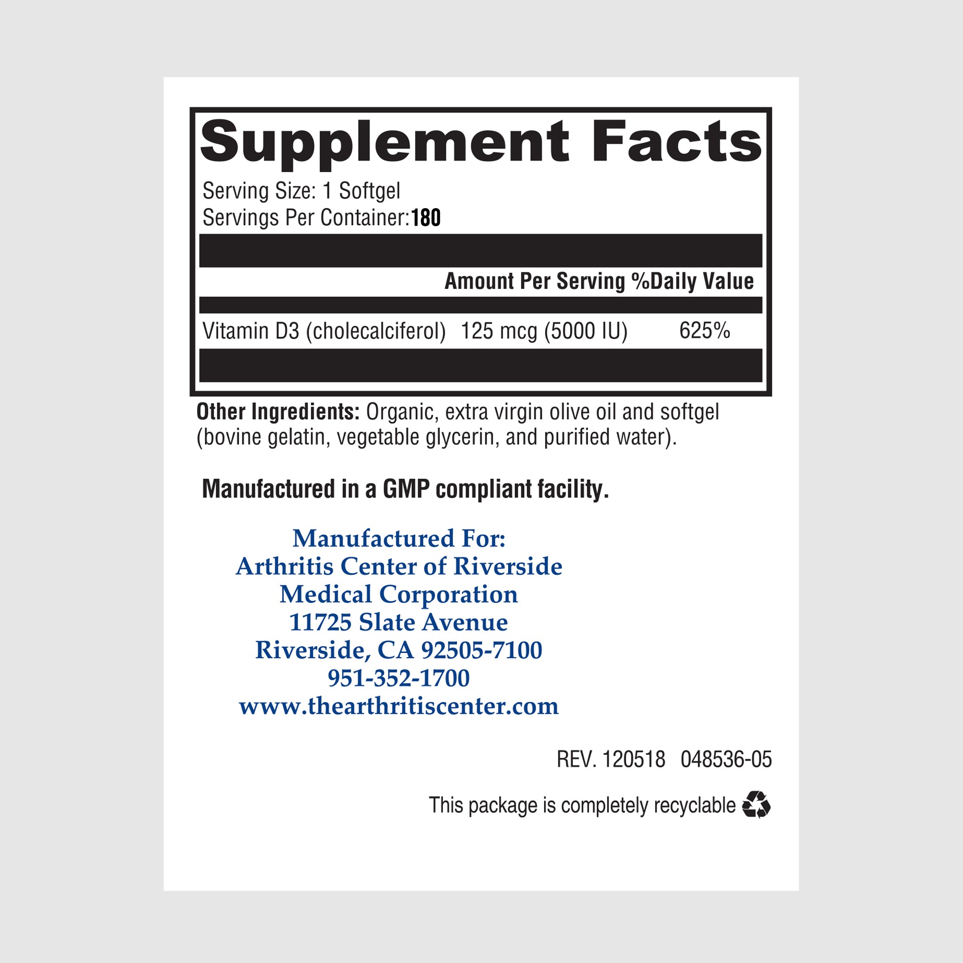 Supplement facts label for D 5000, featuring high-potency vitamin D3 for immunity and bone strength.