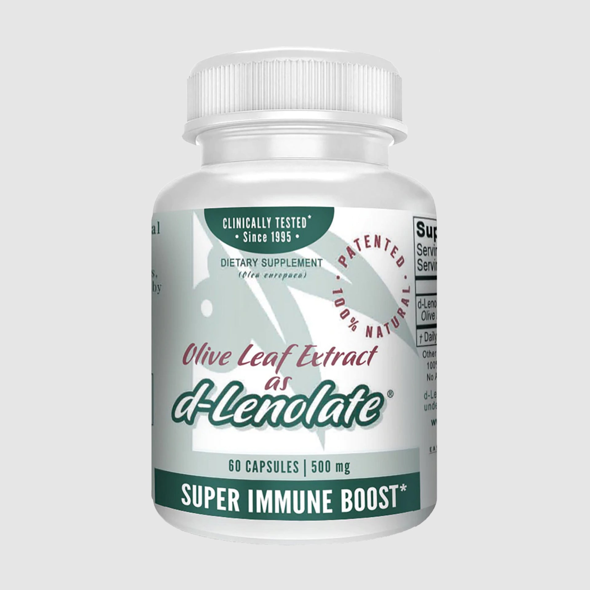 D-Lenolate supplement bottle containing 60 capsules of 500mg olive leaf extract for immune system support.
