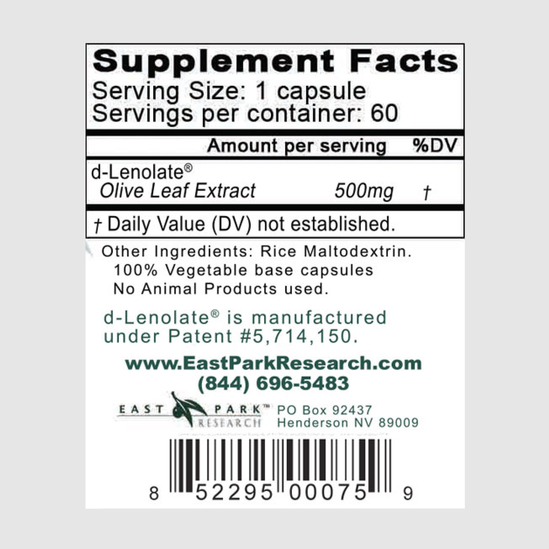 Supplement facts label for D-Lenolate, highlighting olive leaf extract for immunity and antioxidant support.