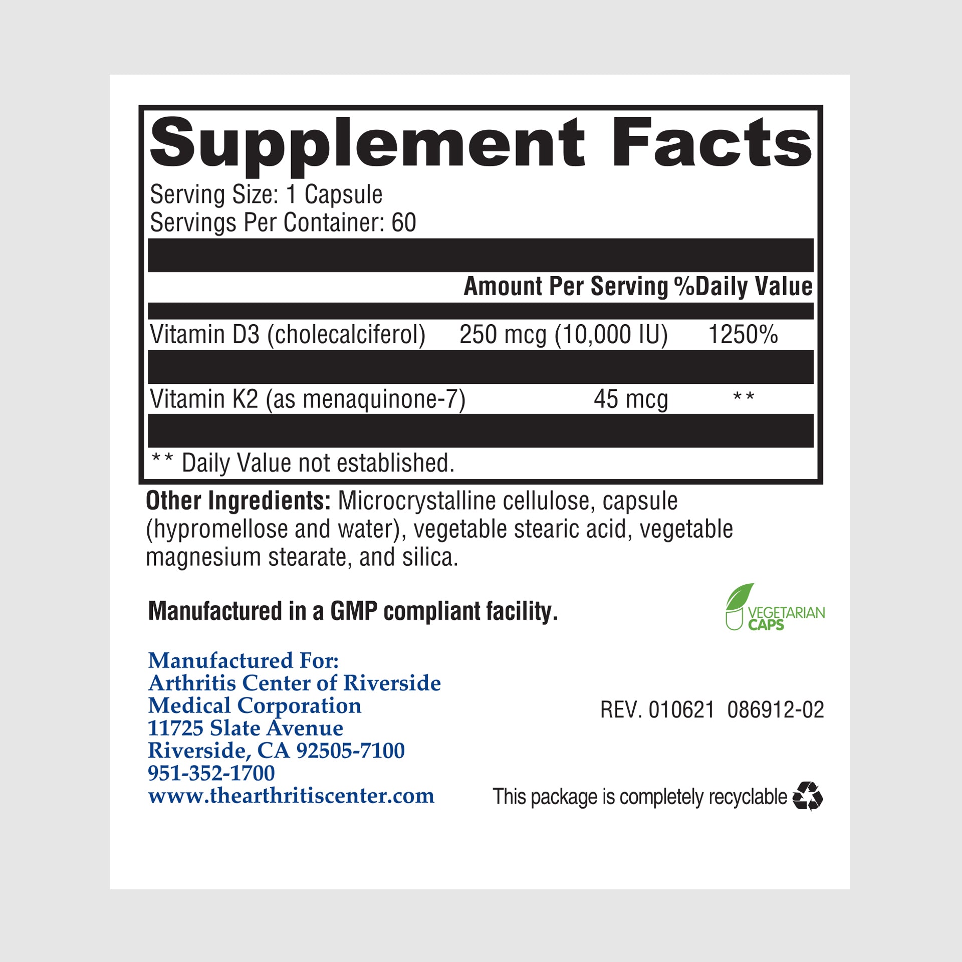 Supplement facts label for D3 with K2 10,000, combining vitamins D3 and K2 for calcium metabolism and heart health.