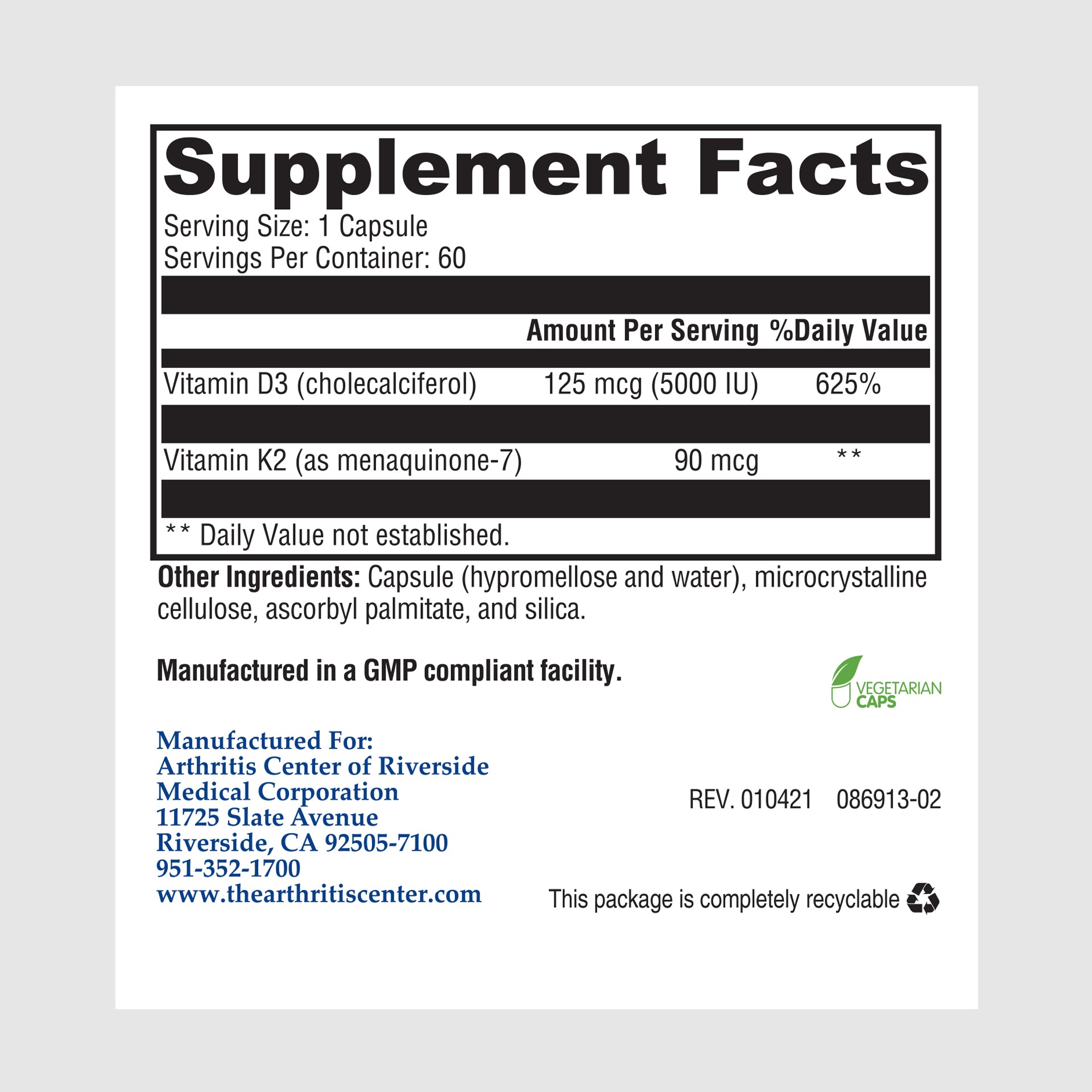 Supplement facts label for D3 with K2 5000, supporting calcium metabolism and cardiovascular wellness.