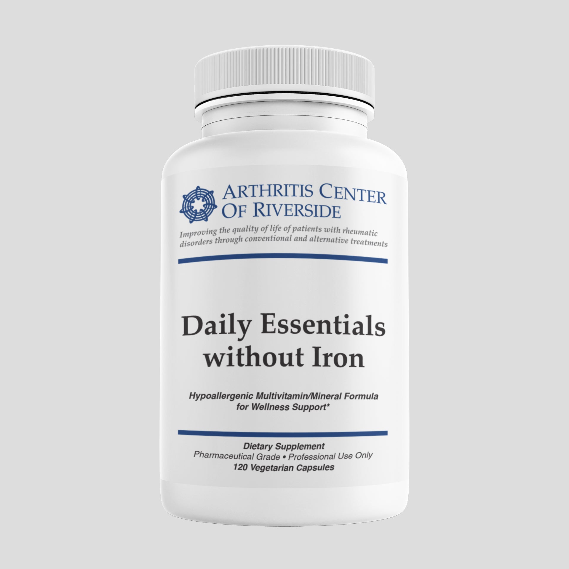 Daily Essentials without Iron supplement bottle containing 120 capsules, a complete multivitamin and mineral formula for overall health and wellness.