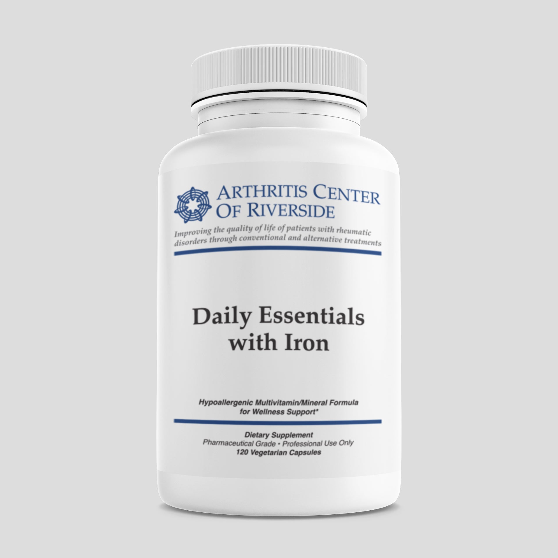 Daily Essentials with Iron supplement bottle containing 120 capsules, providing a complete multivitamin with added iron for optimal health and energy support.