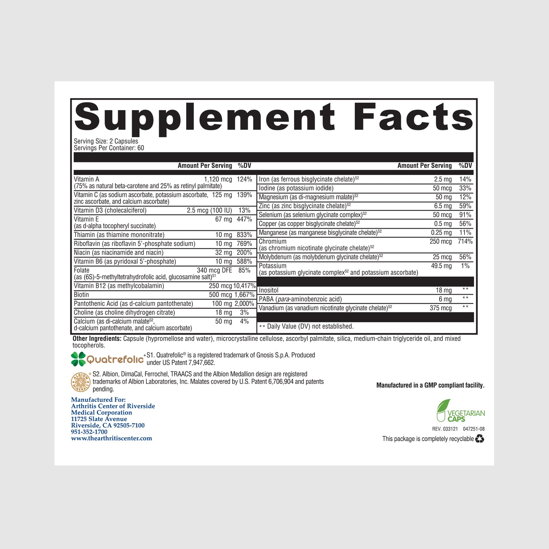 Supplement facts label for Daily Essentials with Iron, a comprehensive multivitamin and mineral blend designed for daily wellness and energy production.