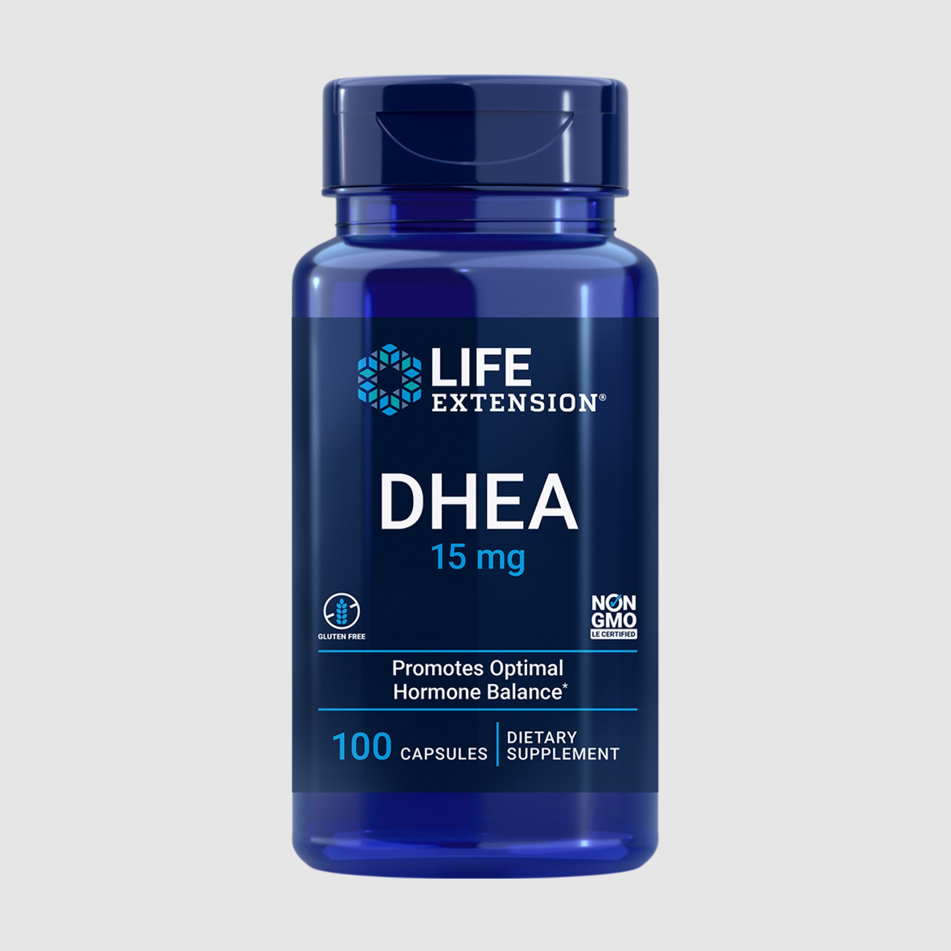 DHEA supplement bottle containing 100 capsules of 15mg for hormonal balance and adrenal support.