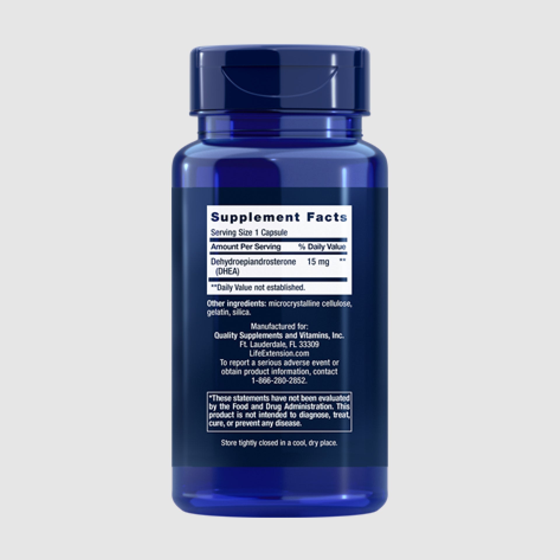 Supplement facts label for DHEA 15mg, supporting hormone levels and energy balance.