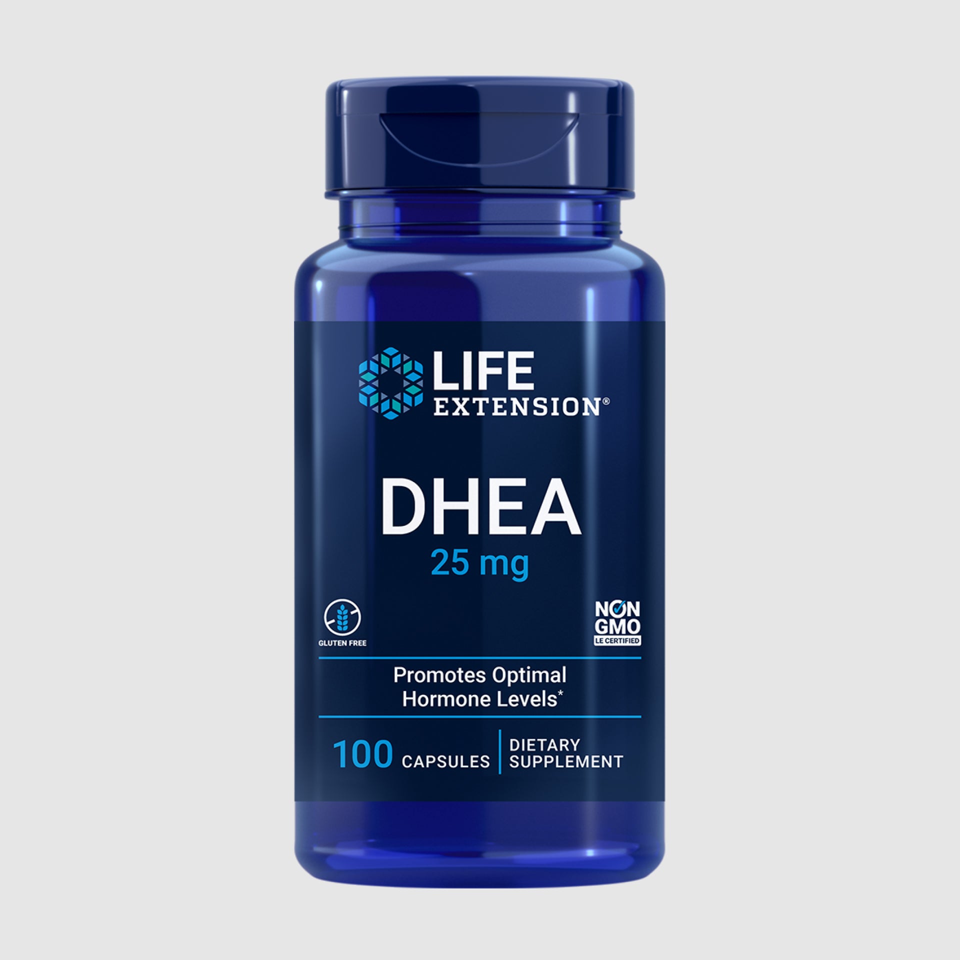 DHEA supplement bottle containing 100 capsules of 25mg for hormone regulation and vitality.