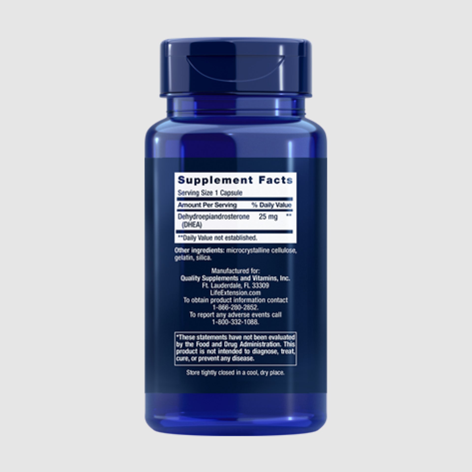 Supplement facts label for DHEA 25mg, promoting hormonal support and overall wellness.