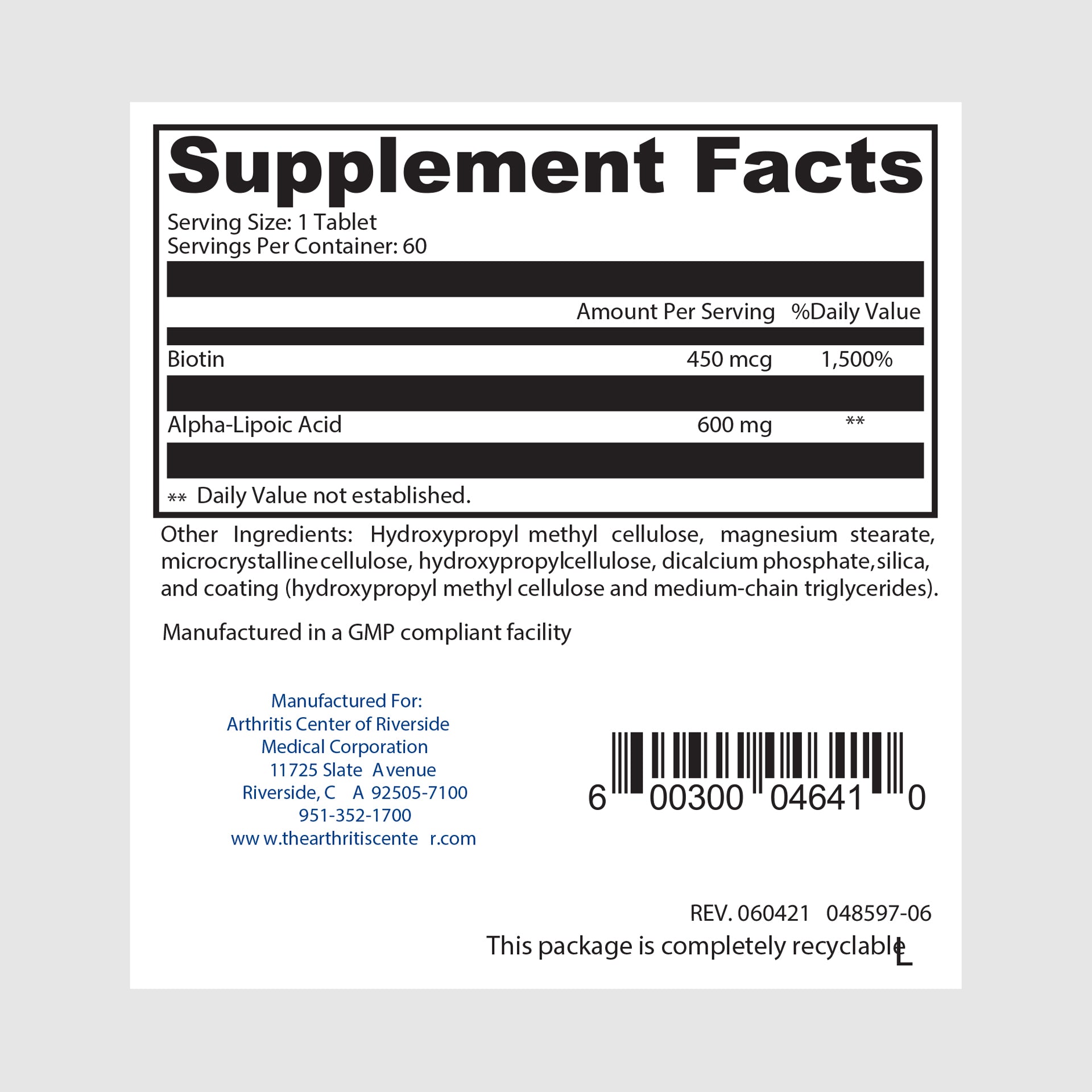 Supplement facts label for Energy Booster Antioxidant, offering nutrients that enhance energy and antioxidant protection.