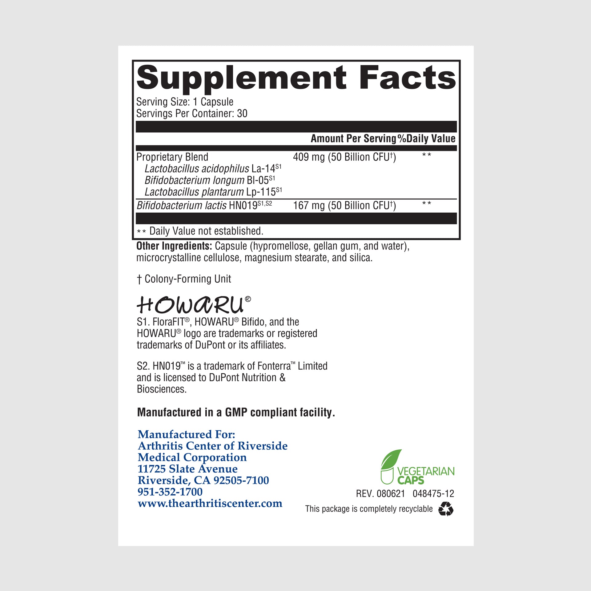 Supplement facts label for Flora Max, a probiotic formula supporting gut health and digestion.