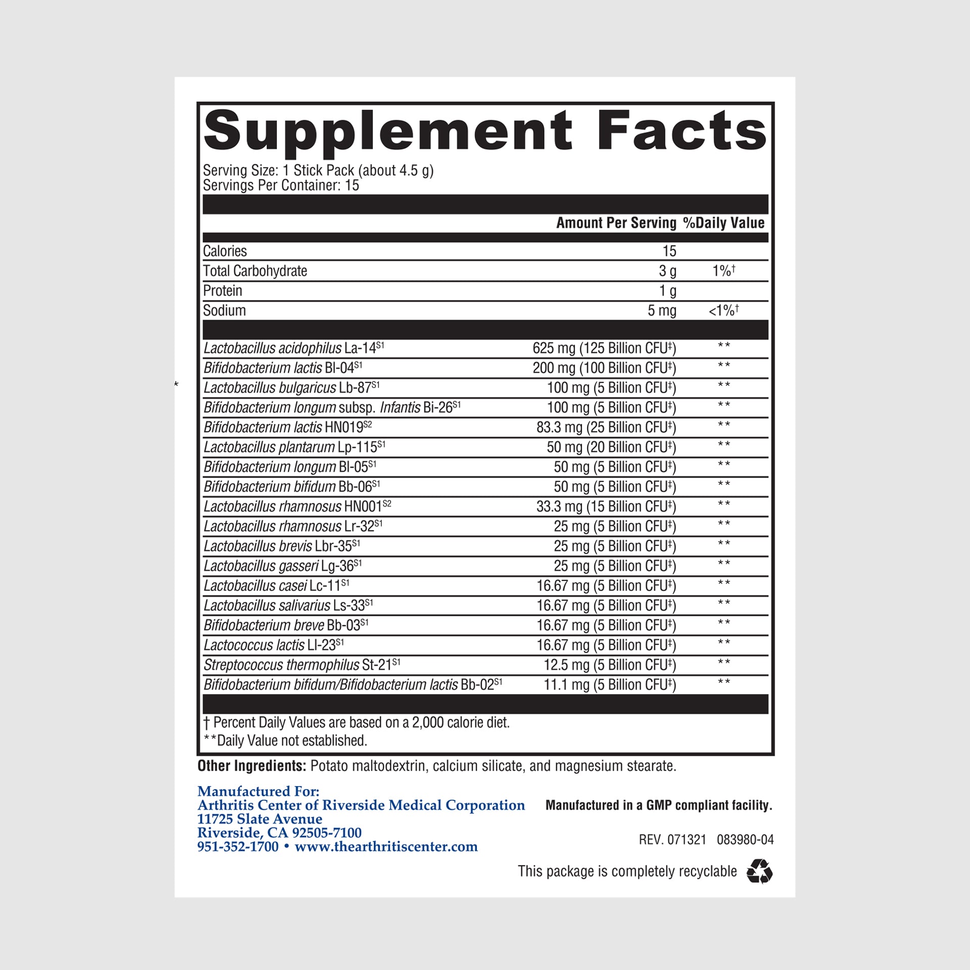 Supplement facts label for Flora Max Strong, concentrated probiotics for digestive wellness.