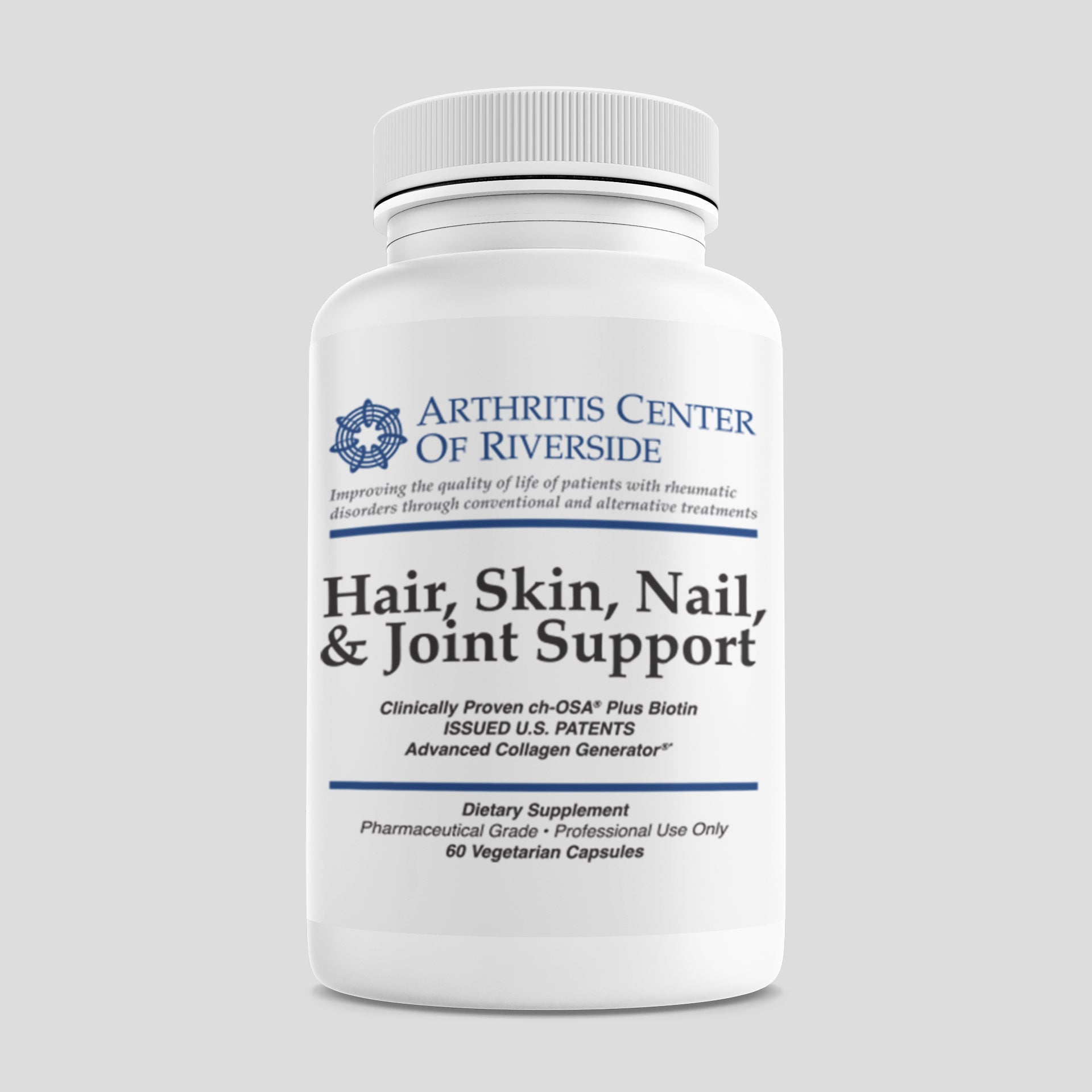 Hair, Nail, Skin, and Joint Support supplement bottle containing 60 capsules for promoting healthy hair, nails, skin, and joint function.