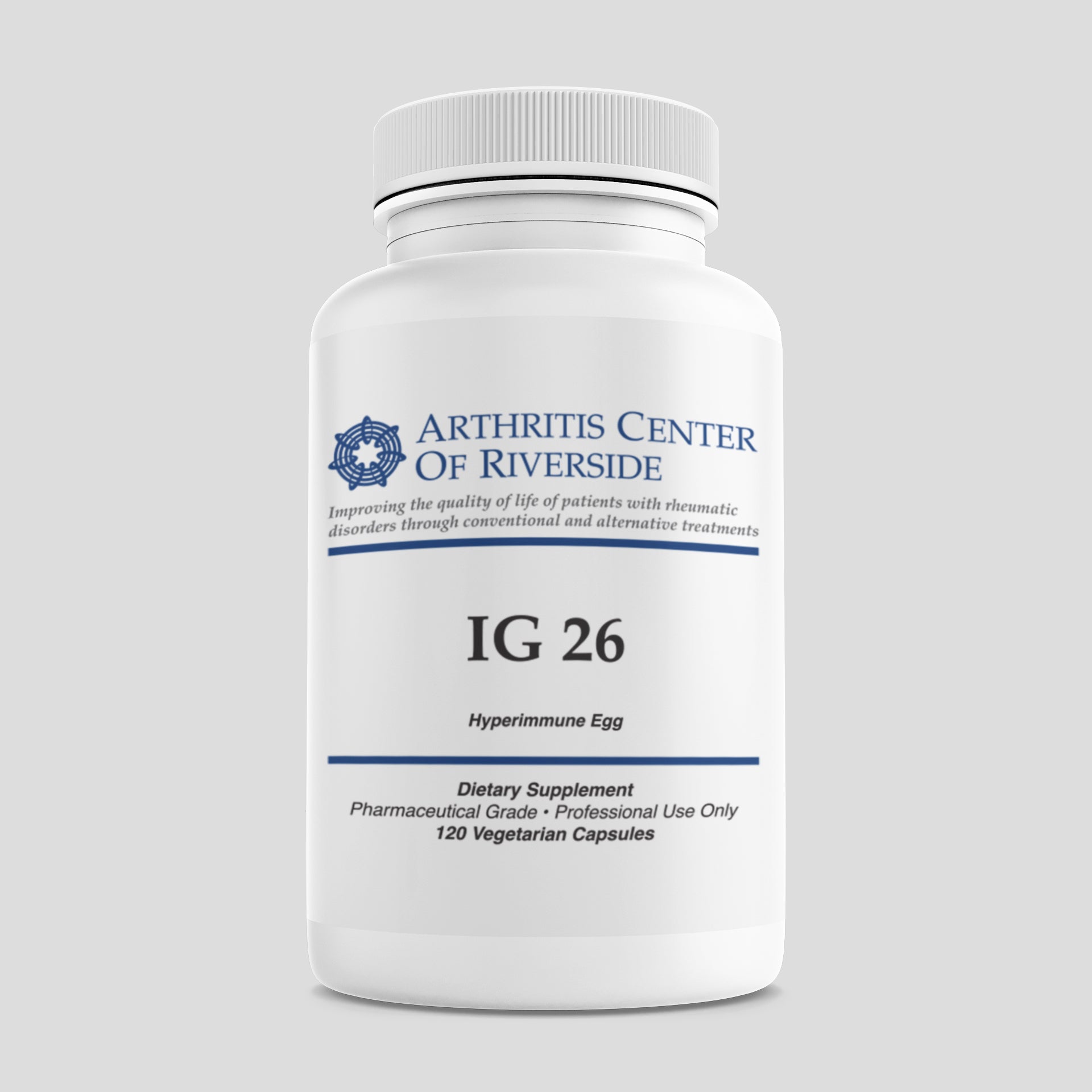 IG 26 immune support supplement bottle, formulated with immunoglobulins to support gut health and immune function.