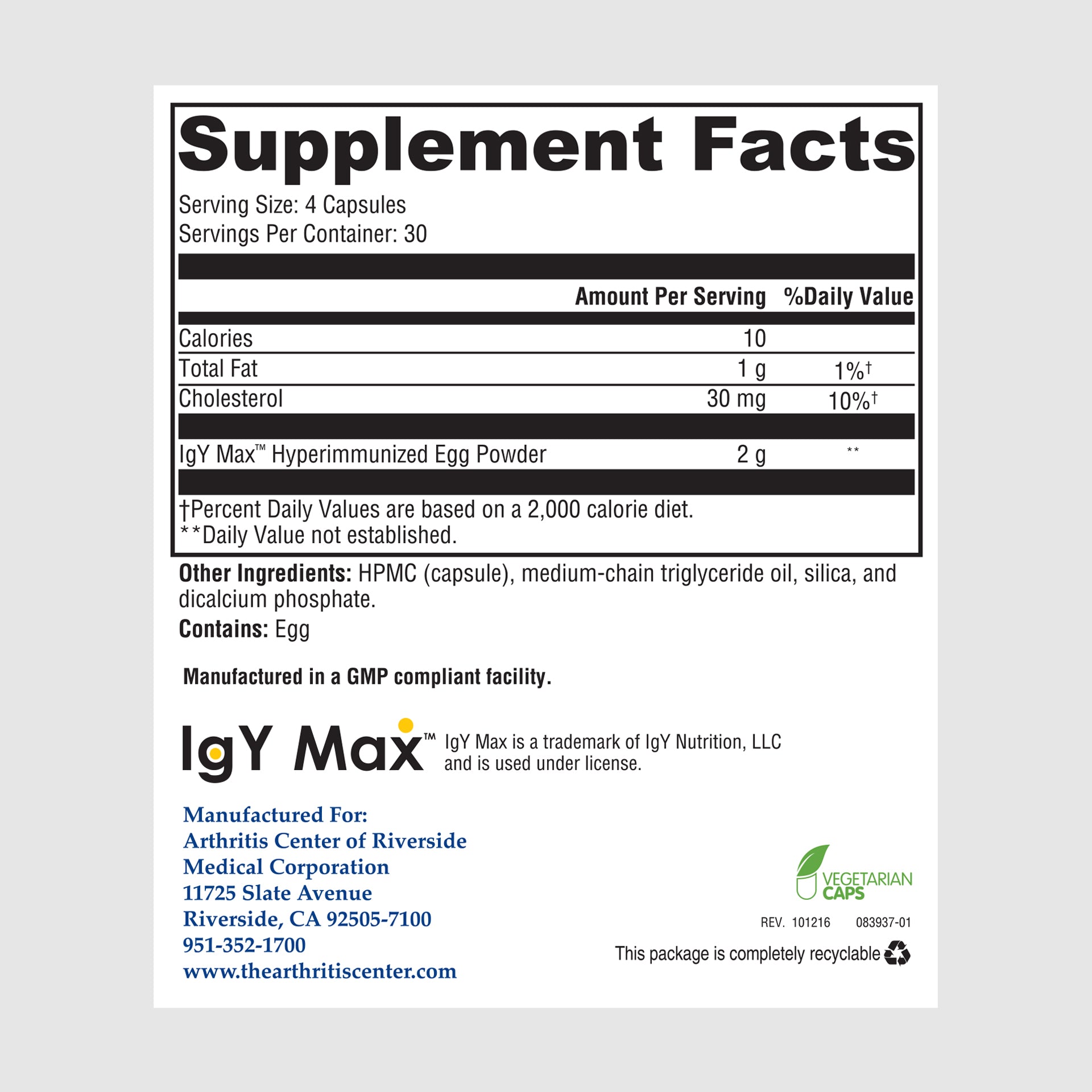 Supplement facts label for IG 26, highlighting immunoglobulin content for gut and immune system support.