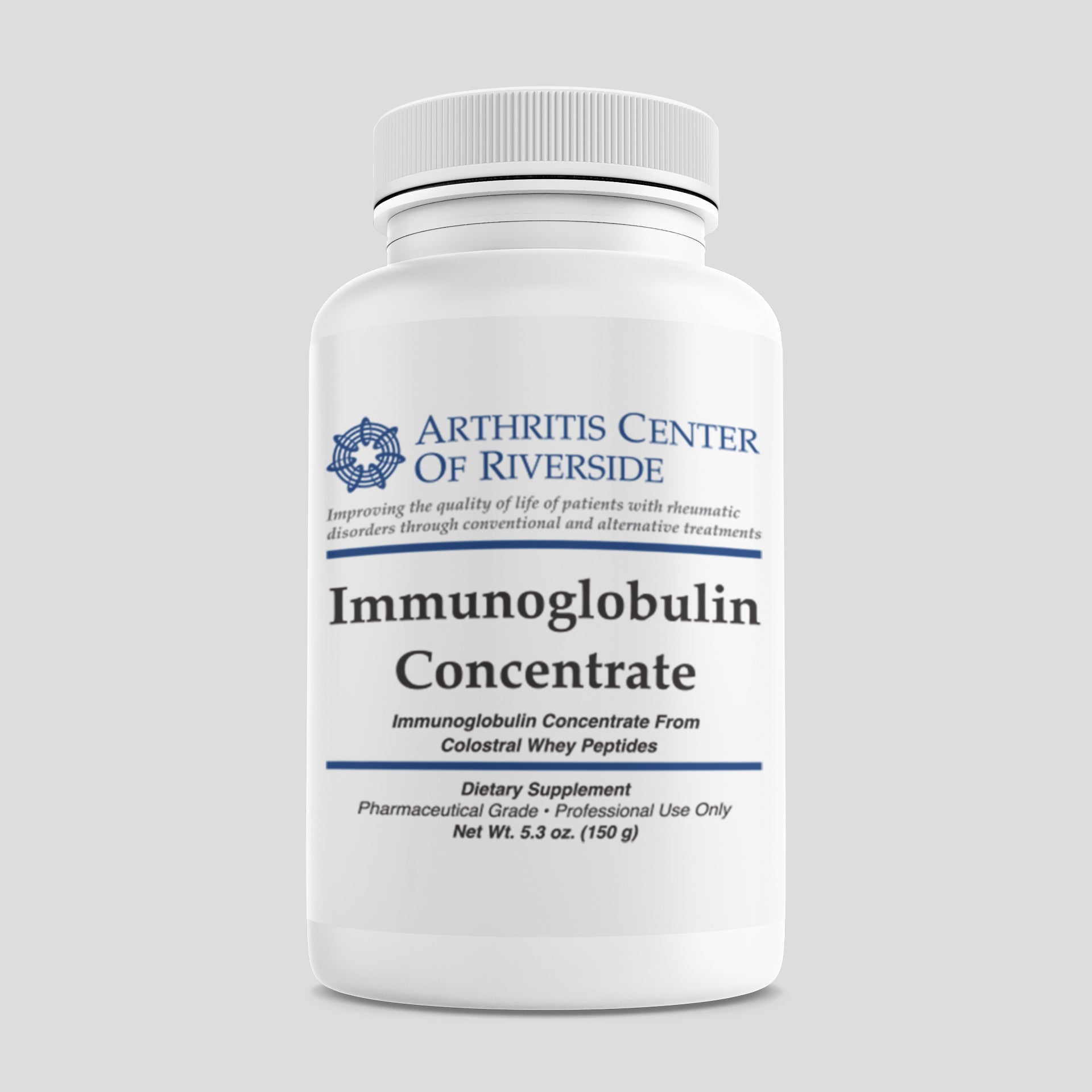 Immunoglobulin Concentrate powder container, designed for immune and gut health support through high-quality immunoglobulins.