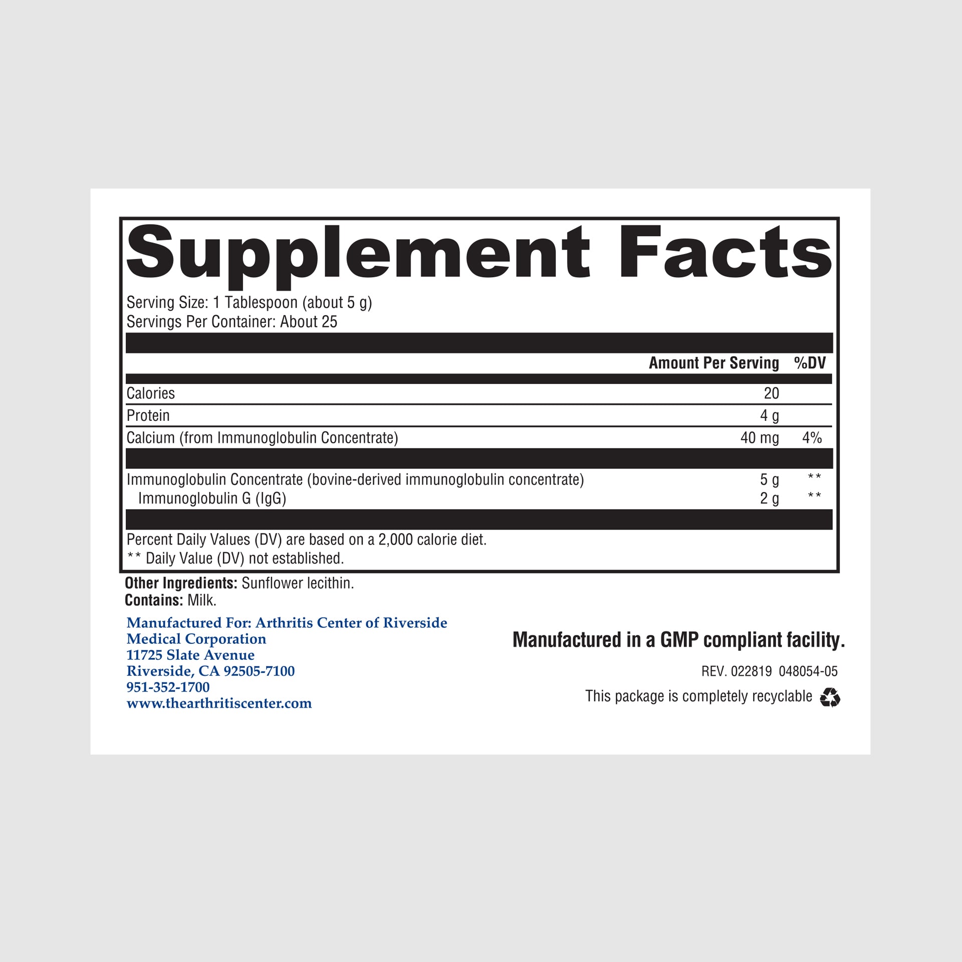 Supplement facts label for Immunoglobulin Concentrate powder, showing immunoglobulin content for enhanced immune defense and gut function.