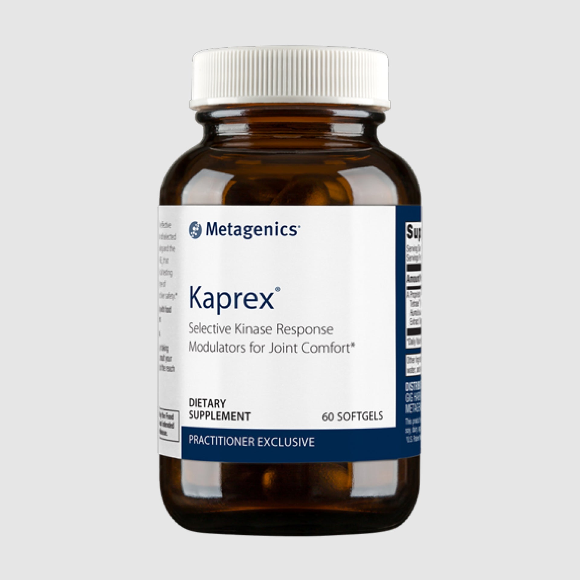 Kaprex supplement bottle with 60 softgels, providing botanical support for healthy inflammatory balance and joint function.