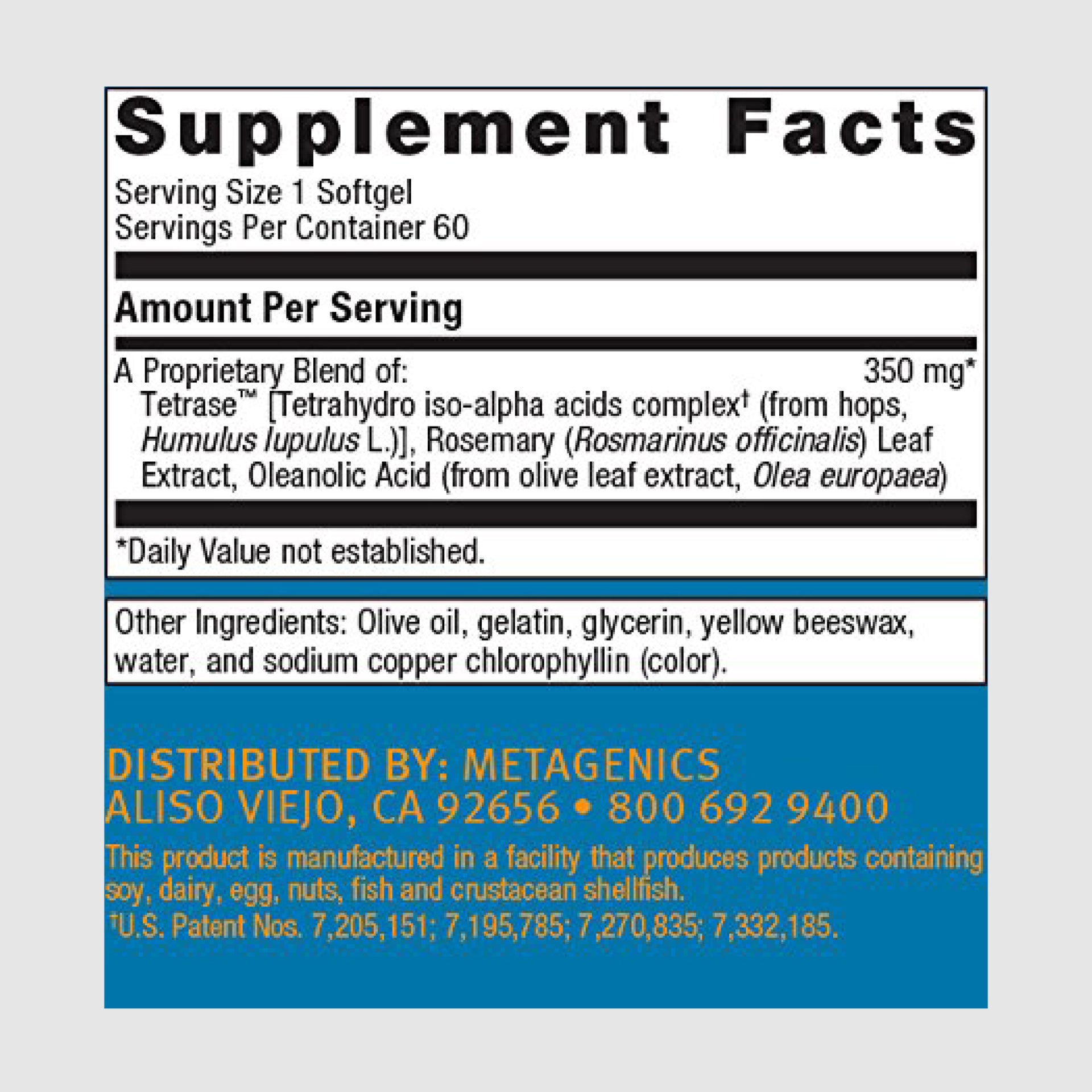 Supplement facts label for Kaprex, detailing ingredients for inflammation management and joint comfort.