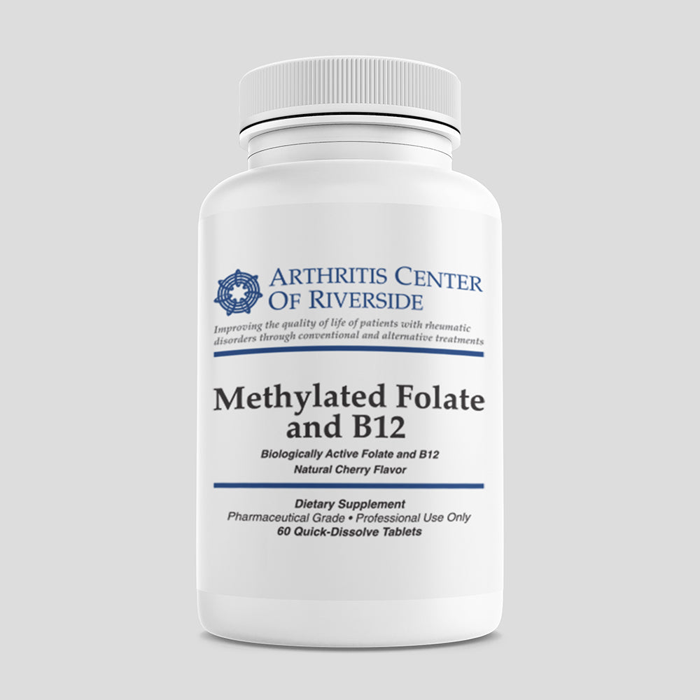 Methylated Folate & B12 supplement bottle with 60 capsules, formulated to support energy levels, cognitive function, and overall well-being.