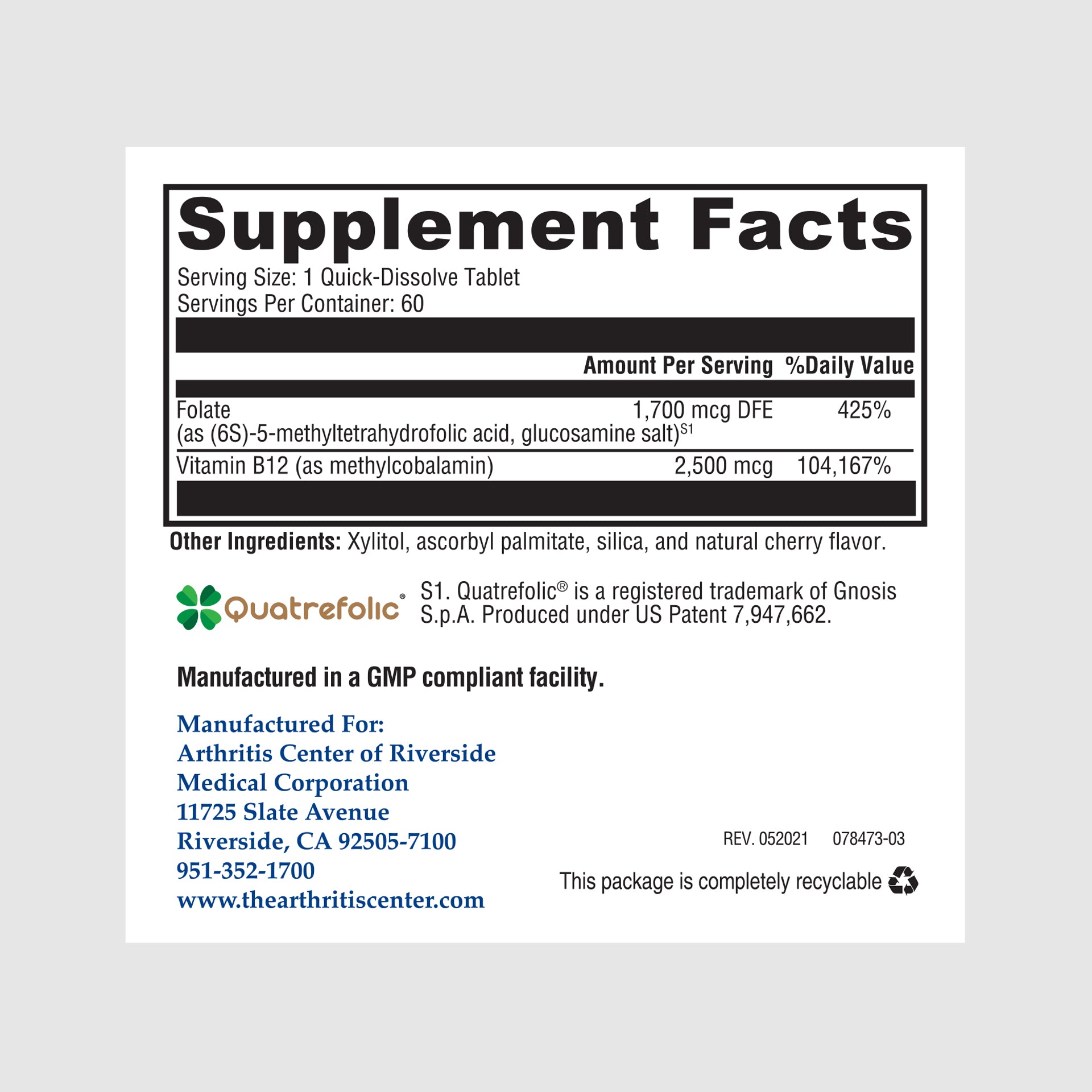 Supplement facts label for Methylated Folate & B12, highlighting active folate and B12 for cellular energy and neurological support.