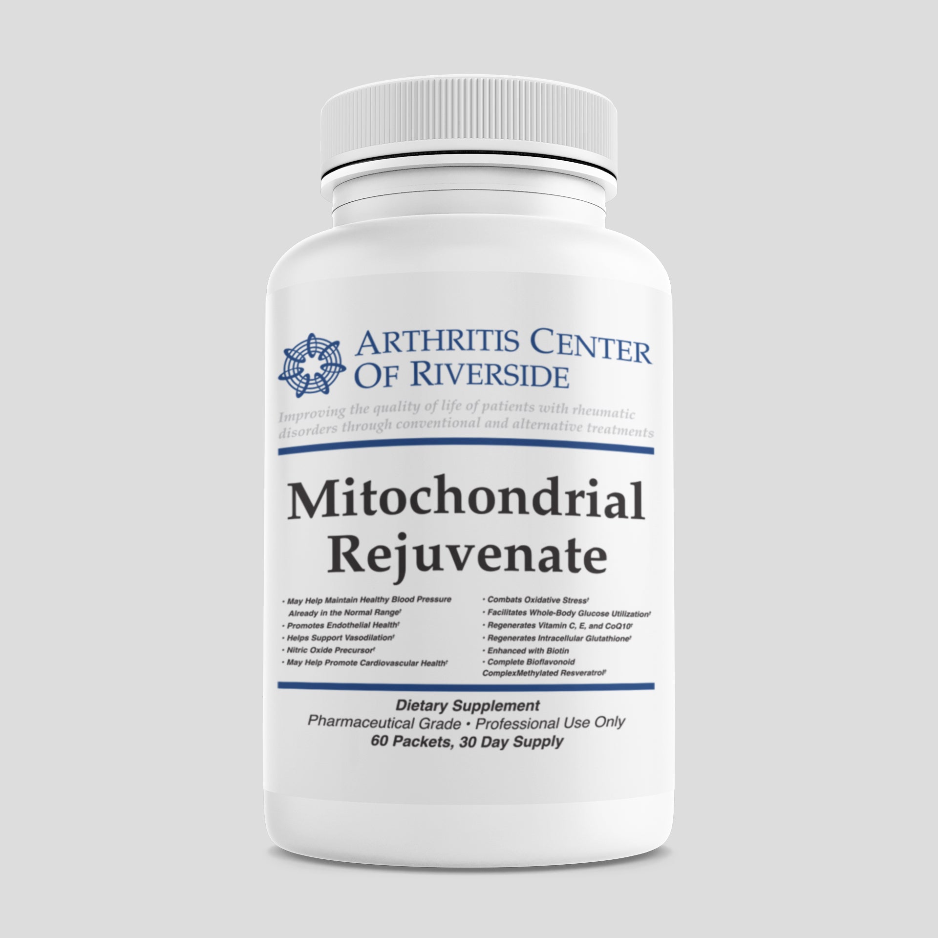 Mitochondrial Rejuvenate supplement box with 60 packets, designed to support cellular energy production and mitochondrial health.