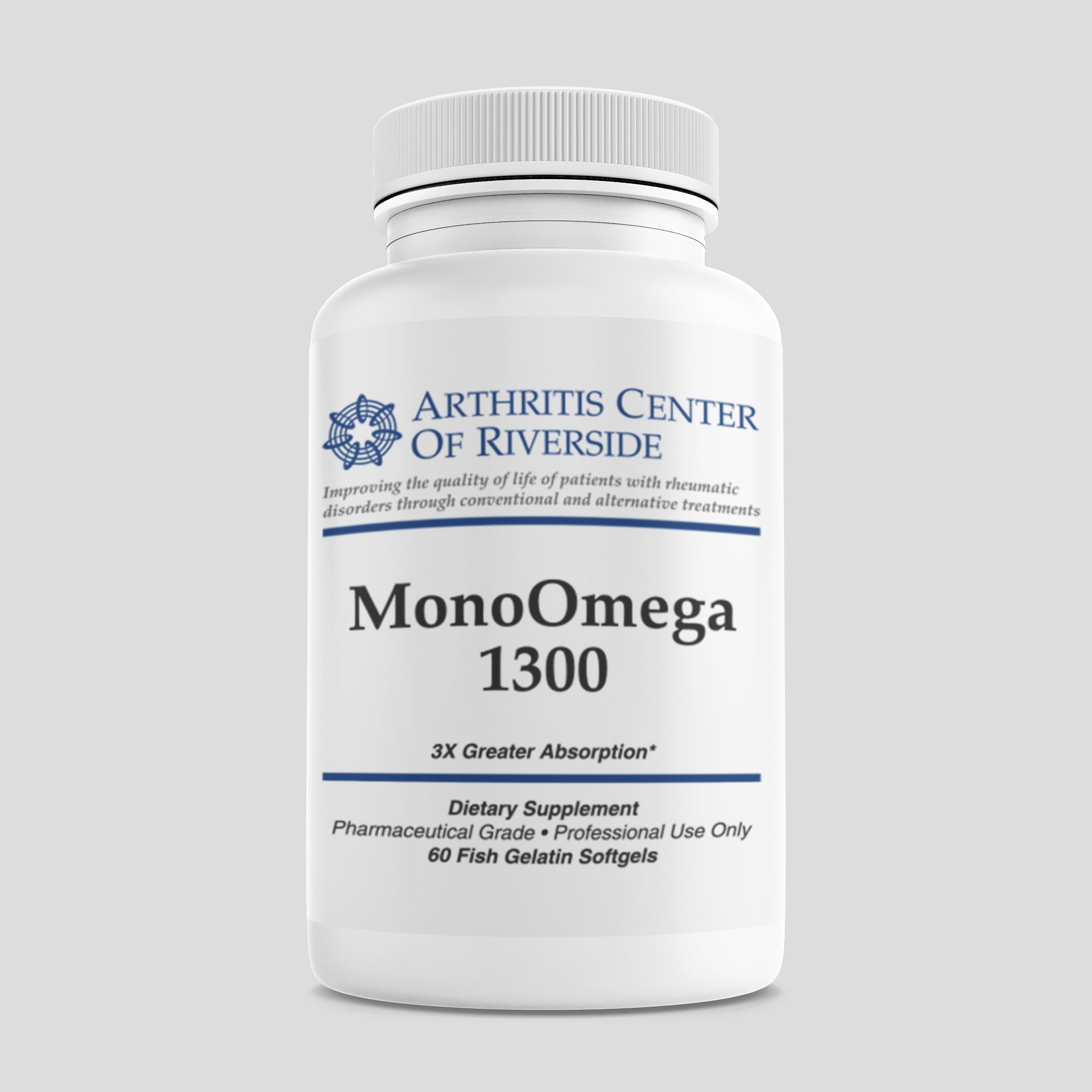 Mono Omega 1300 EC supplement bottle with 60 capsules, providing high-potency omega-3 fatty acids for cardiovascular and brain health.