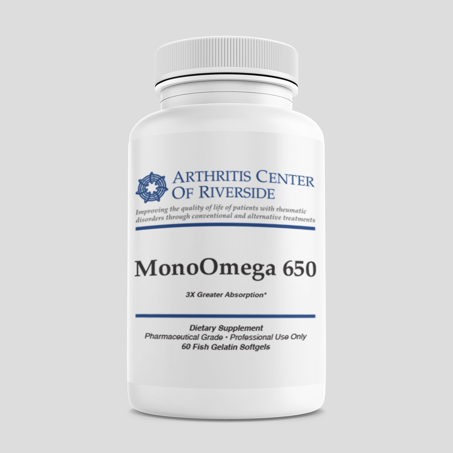 Mono Omega 650 EC supplement bottle with 60 capsules, delivering essential omega-3 fatty acids for cardiovascular and joint health.